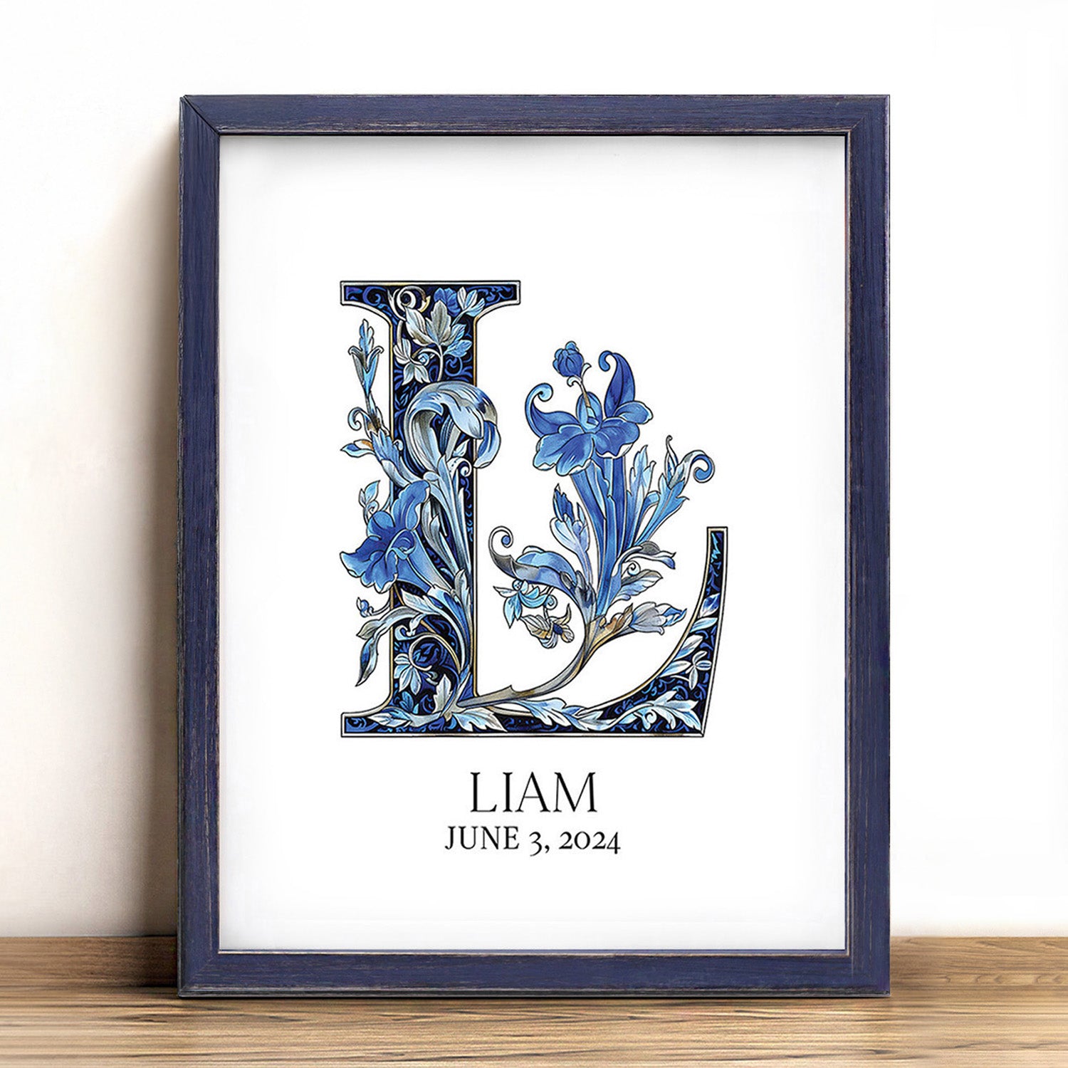 Blue Floral Initial Letter with Custom Name Sign Framed Wall Art