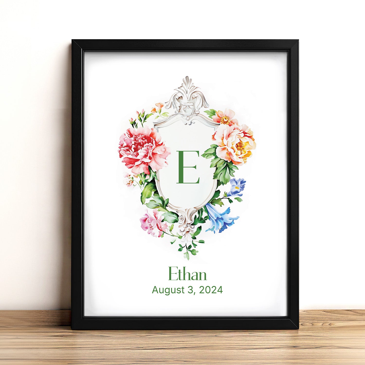 Floral Initial Letter with Custom Name Sign Framed Wall Art