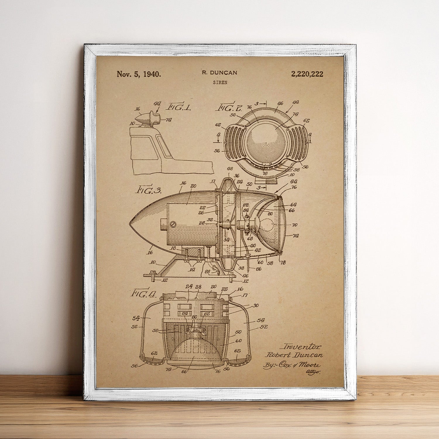 Siren Blueprint Patent Wood Print Framed Wall Art