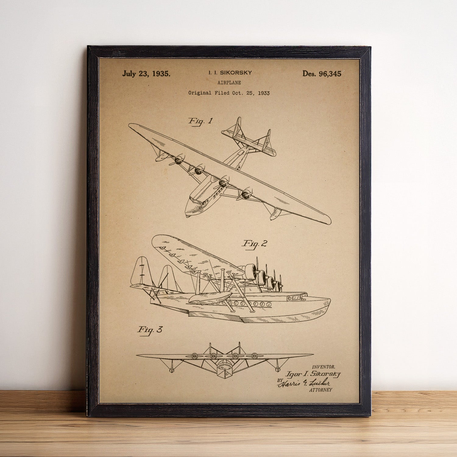 Sikorsky Airplane Patent Wood Print Framed Wall Art