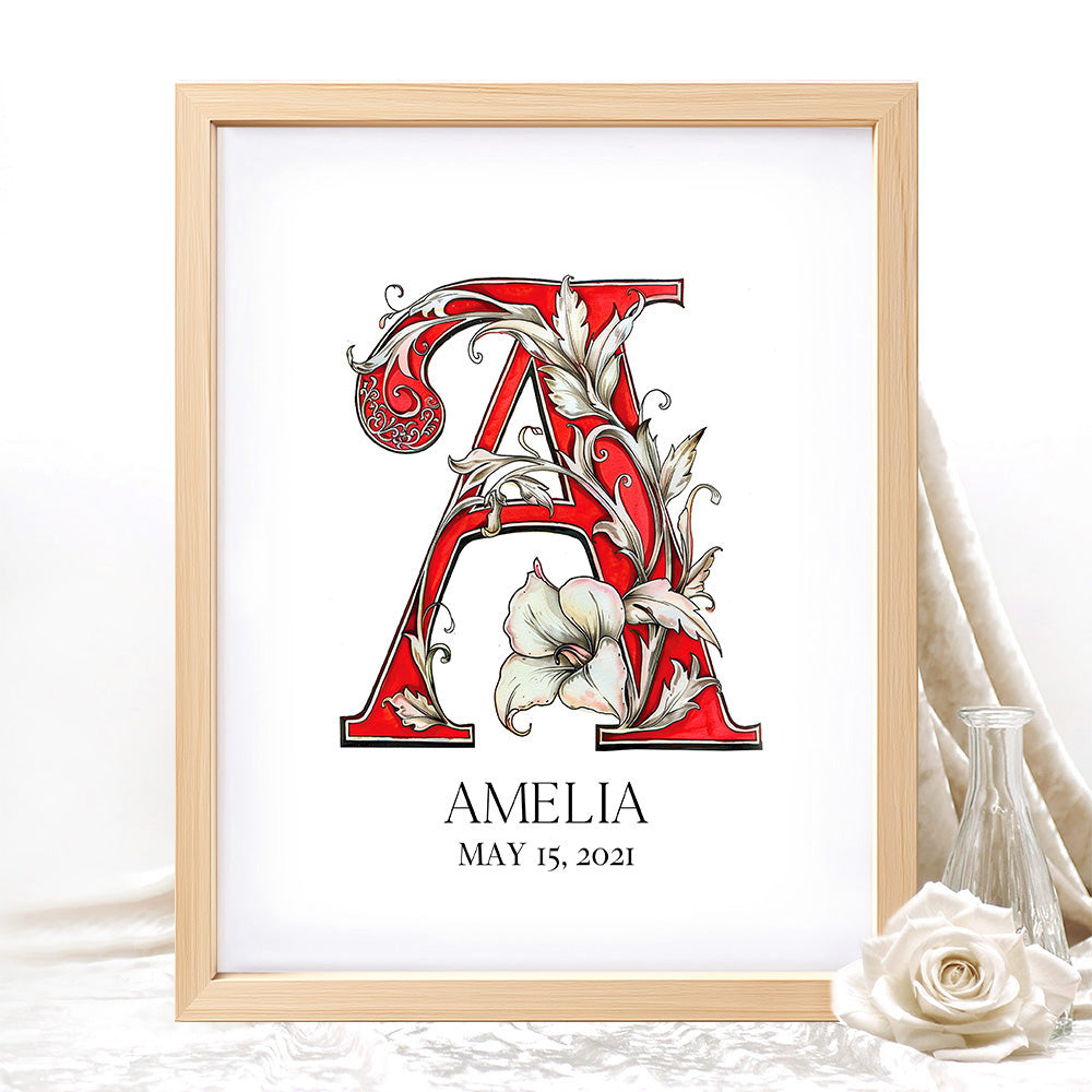 Red Floral Initial Letter with Custom Name Sign Framed Wall Art