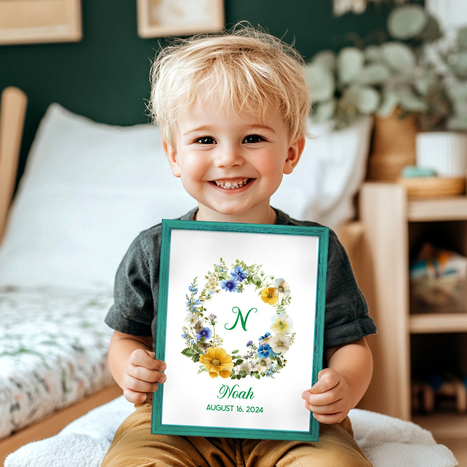 Green Floral Initial Letter with Custom Name Sign Framed Wall Art