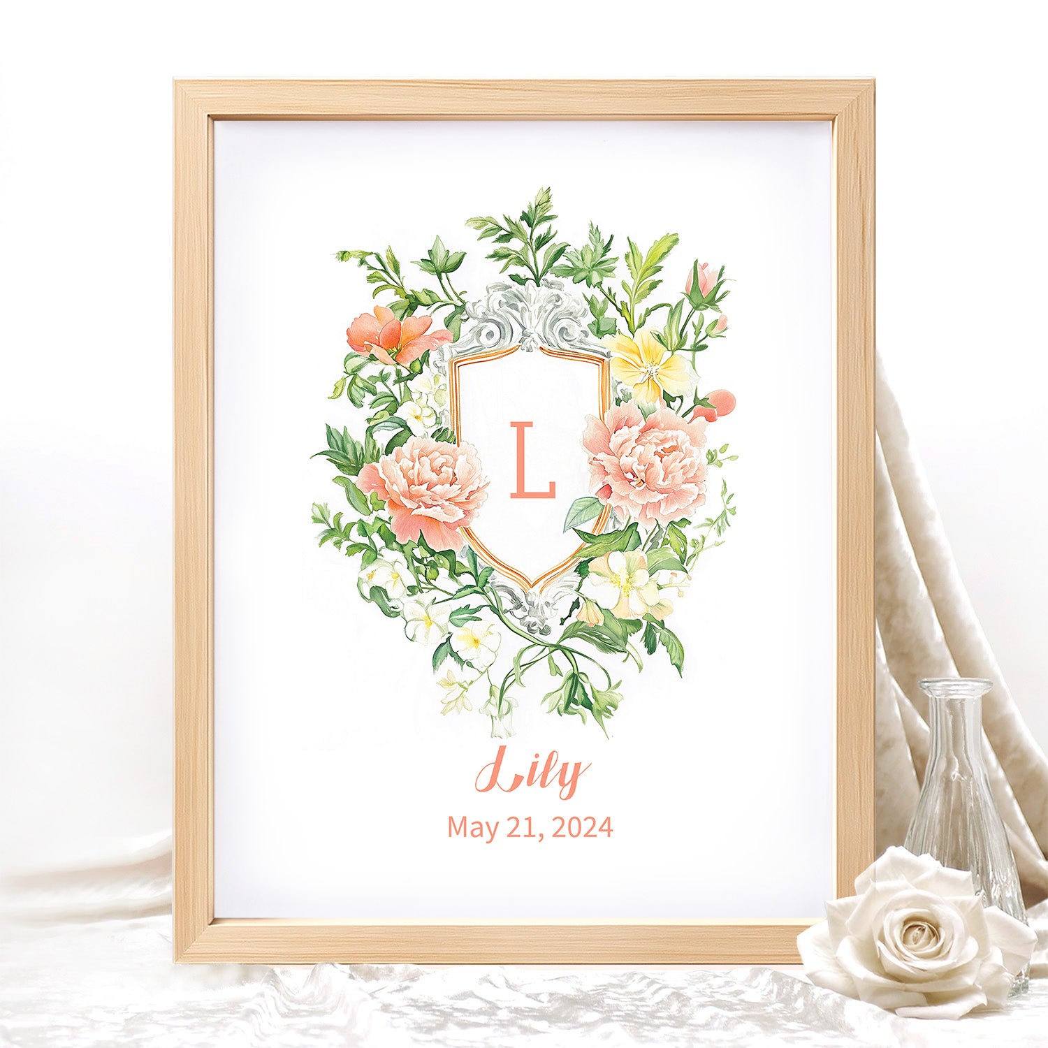 Floral Initial Letter with Custom Name Sign Framed Wall Art