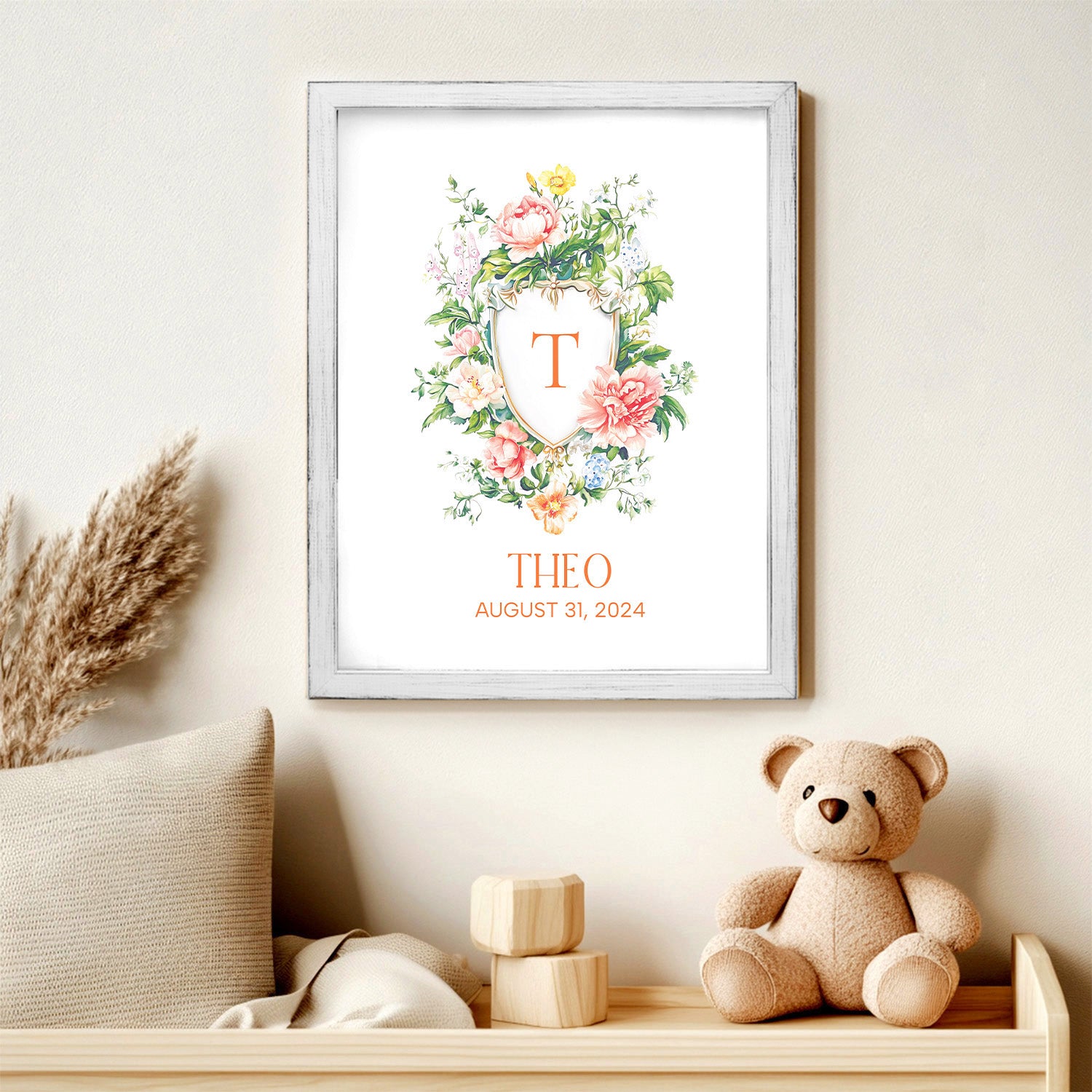 Floral Initial Letter with Custom Name Sign Framed Wall Art