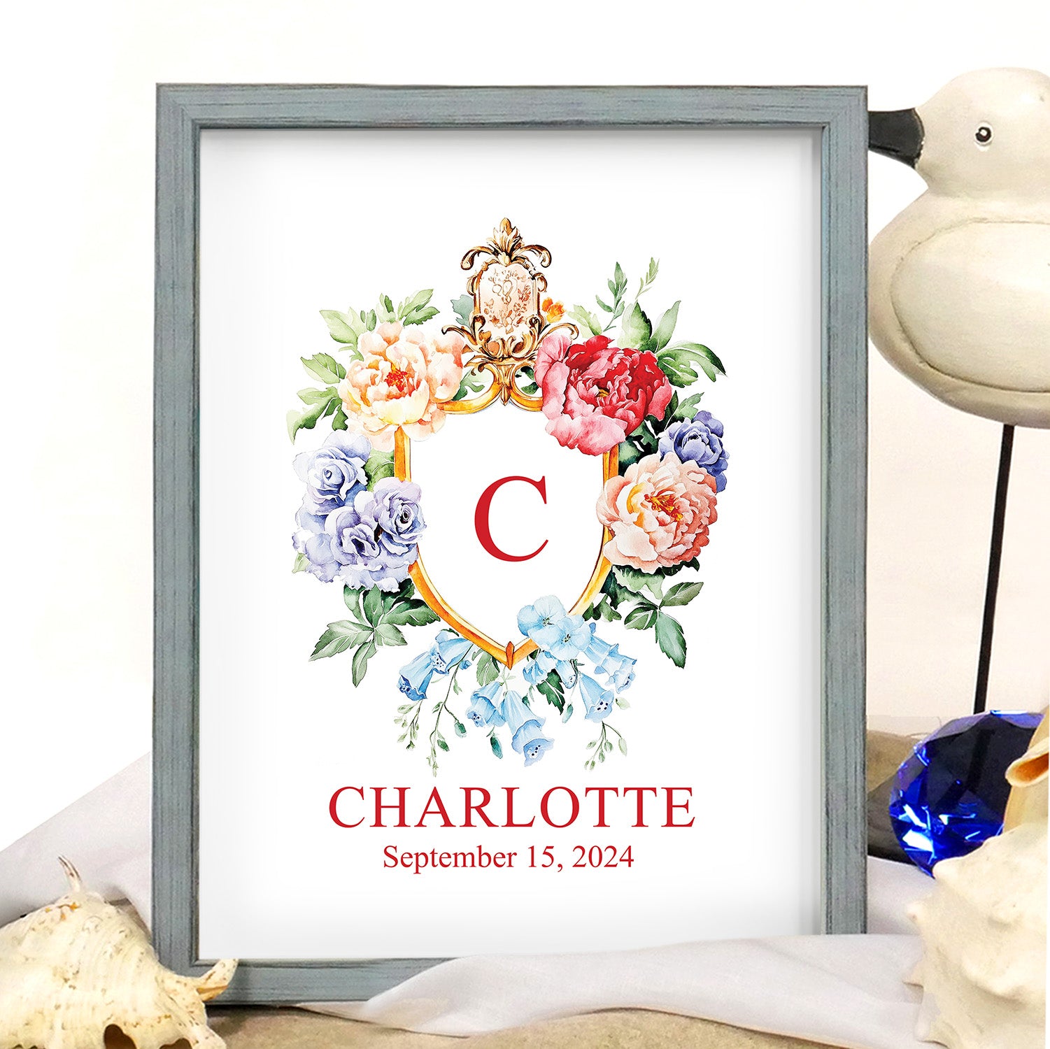 Floral Initial Letter with Custom Name Sign Framed Wall Art