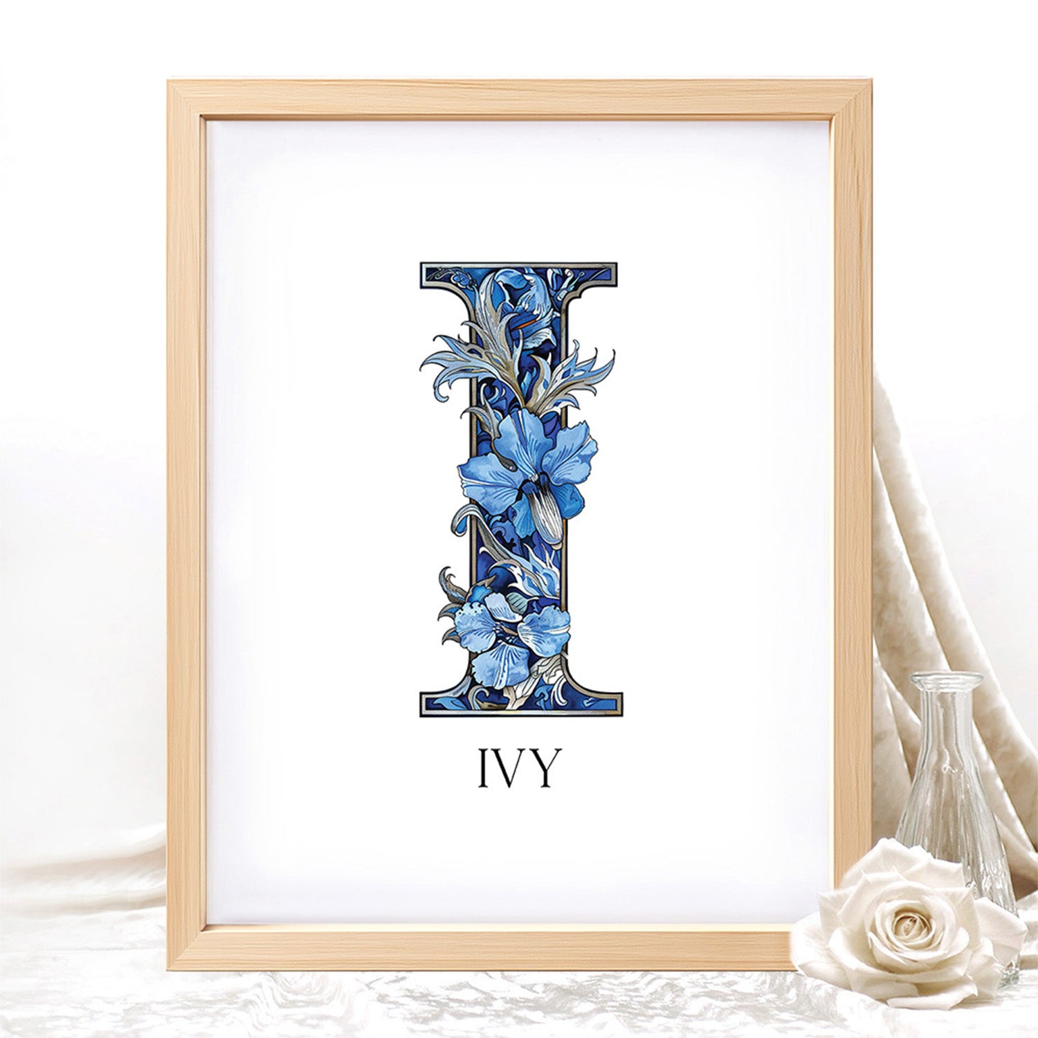 Blue Floral Initial Letter with Custom Name Sign Framed Wall Art