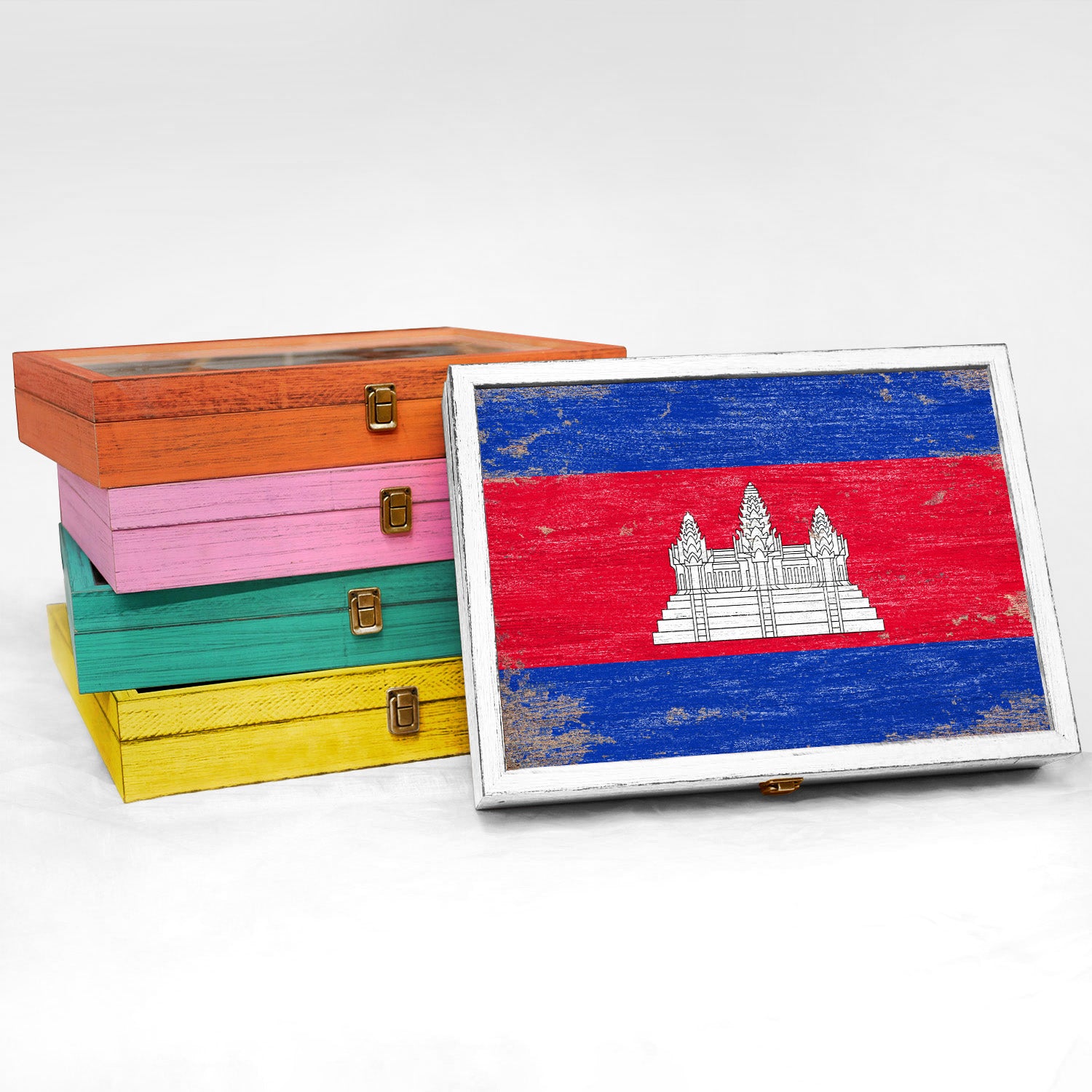 Cambodia Wood Flag Frame Keepsake Box