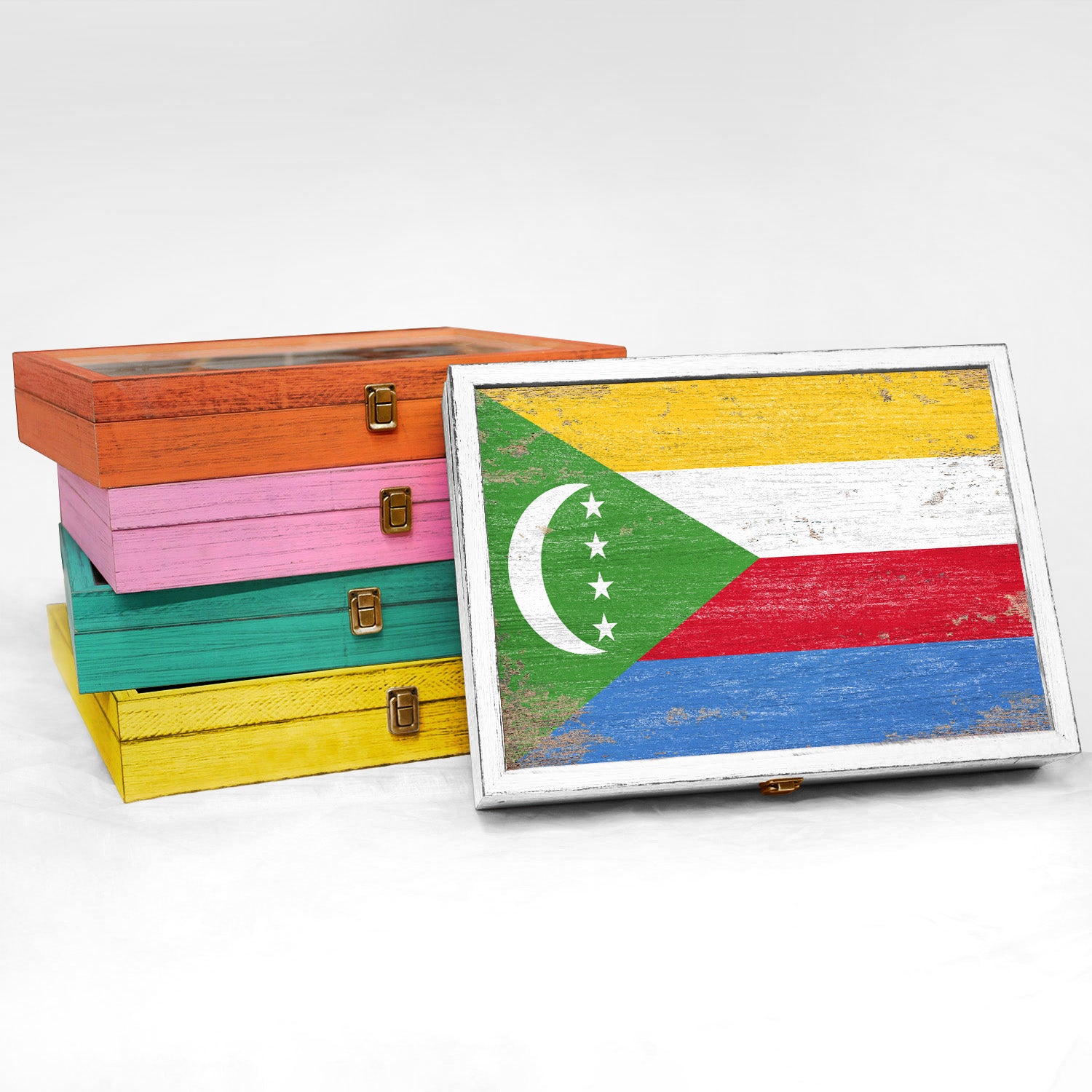 Comoros Wood Flag Frame Keepsake Box