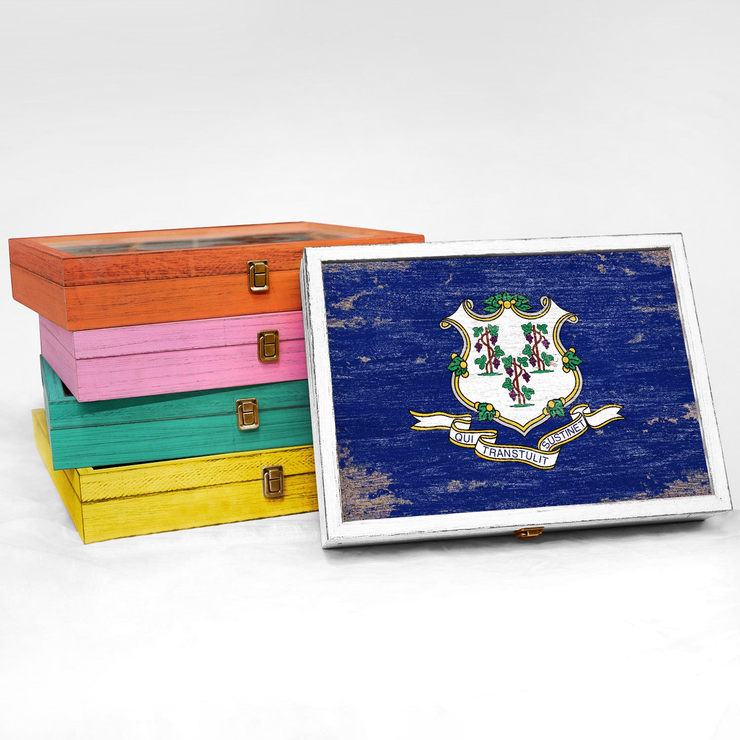 Connecticut State Wood Flag Frame Keepsake Box