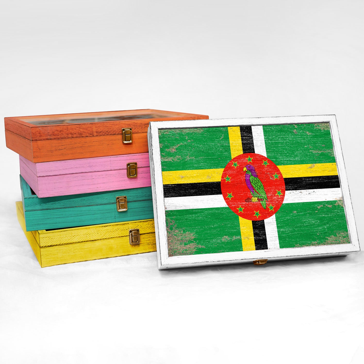 Dominica Wood Flag Frame Keepsake Box