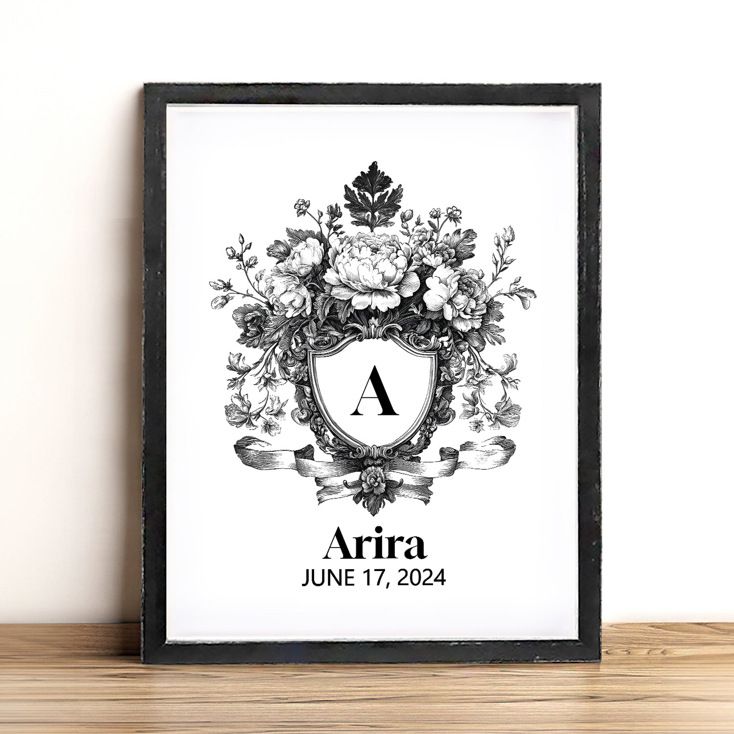 Floral Initial Letter with Custom Name Sign Framed Wall Art