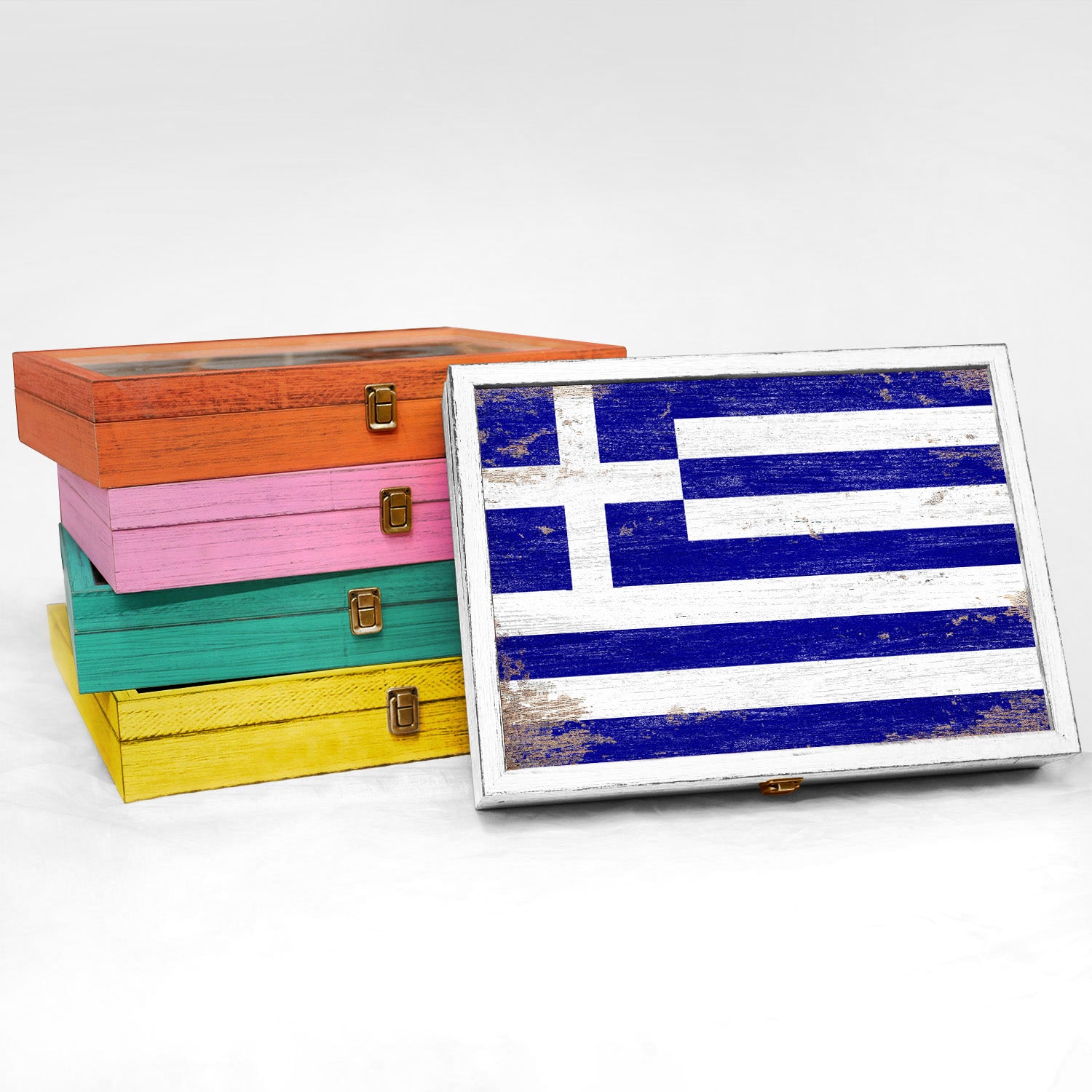 Greece Wood Flag Frame Keepsake Box