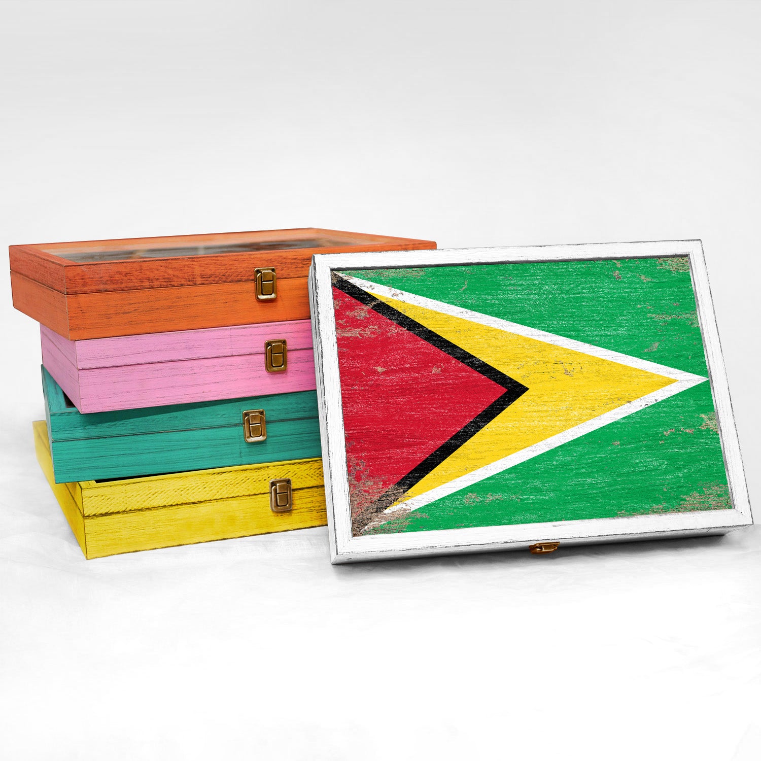 Guyana Wood Flag Frame Keepsake Box