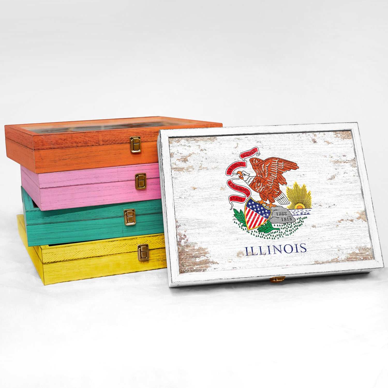 Illinois State Wood Flag Frame Keepsake Box