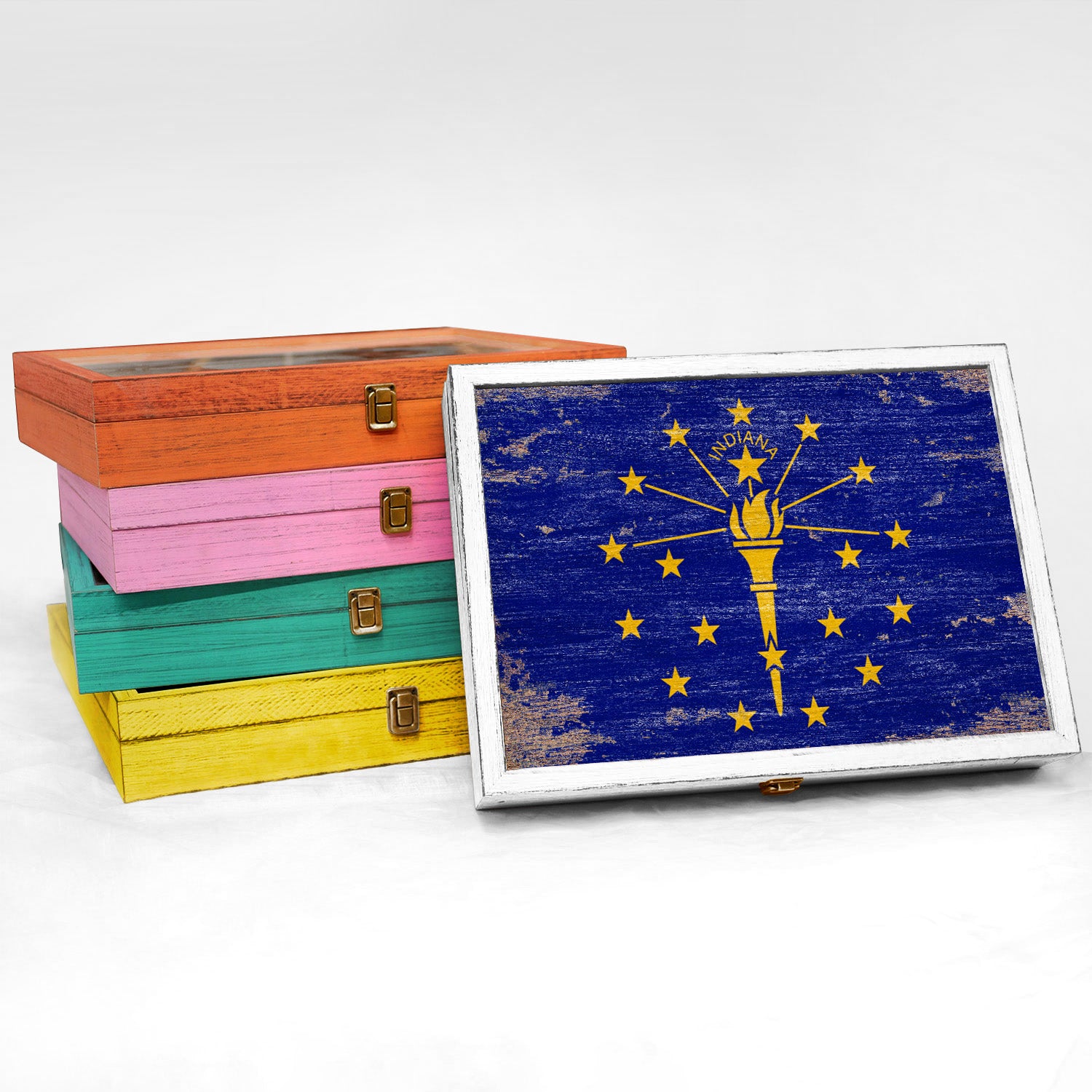 Indiana State Wood Flag Frame Keepsake Box