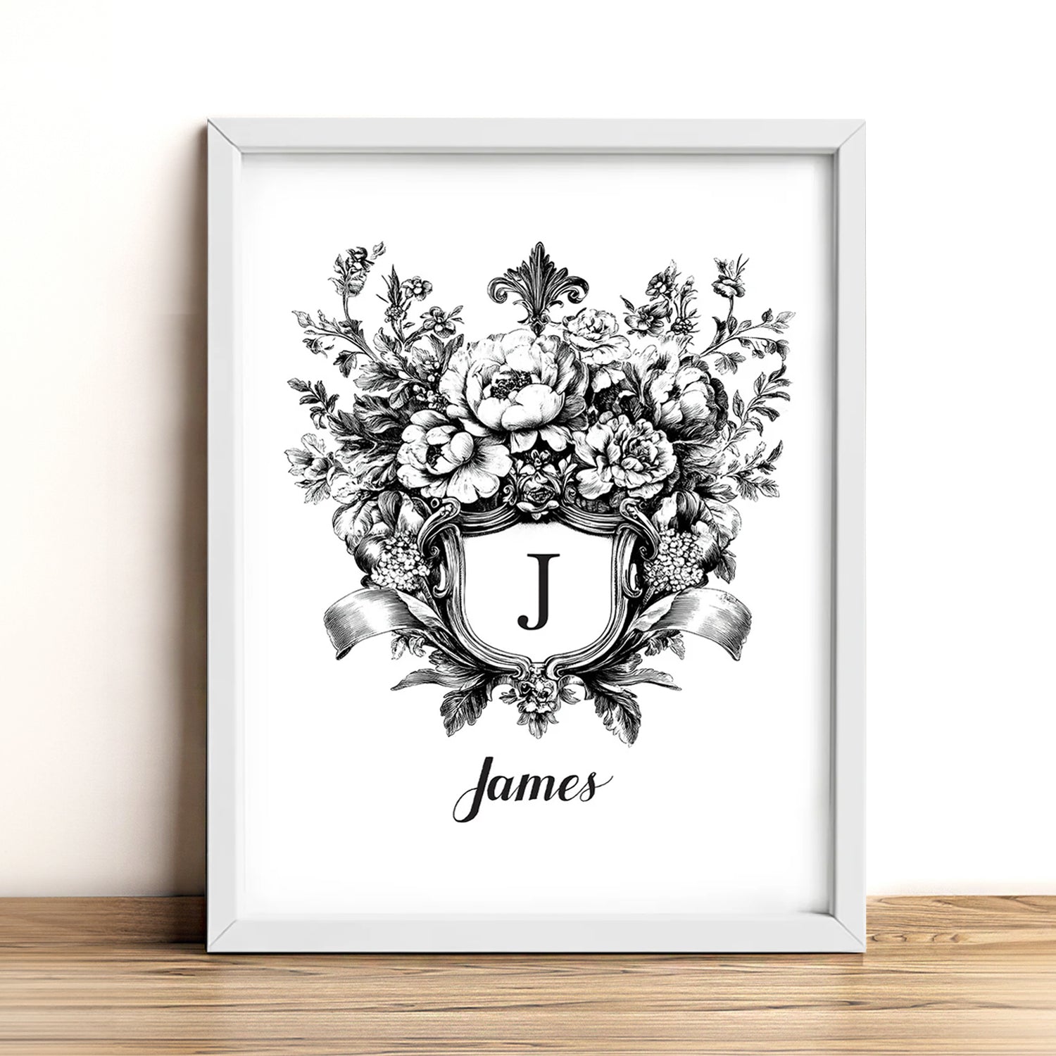 Floral Initial Letter with Custom Name Sign Framed Wall Art