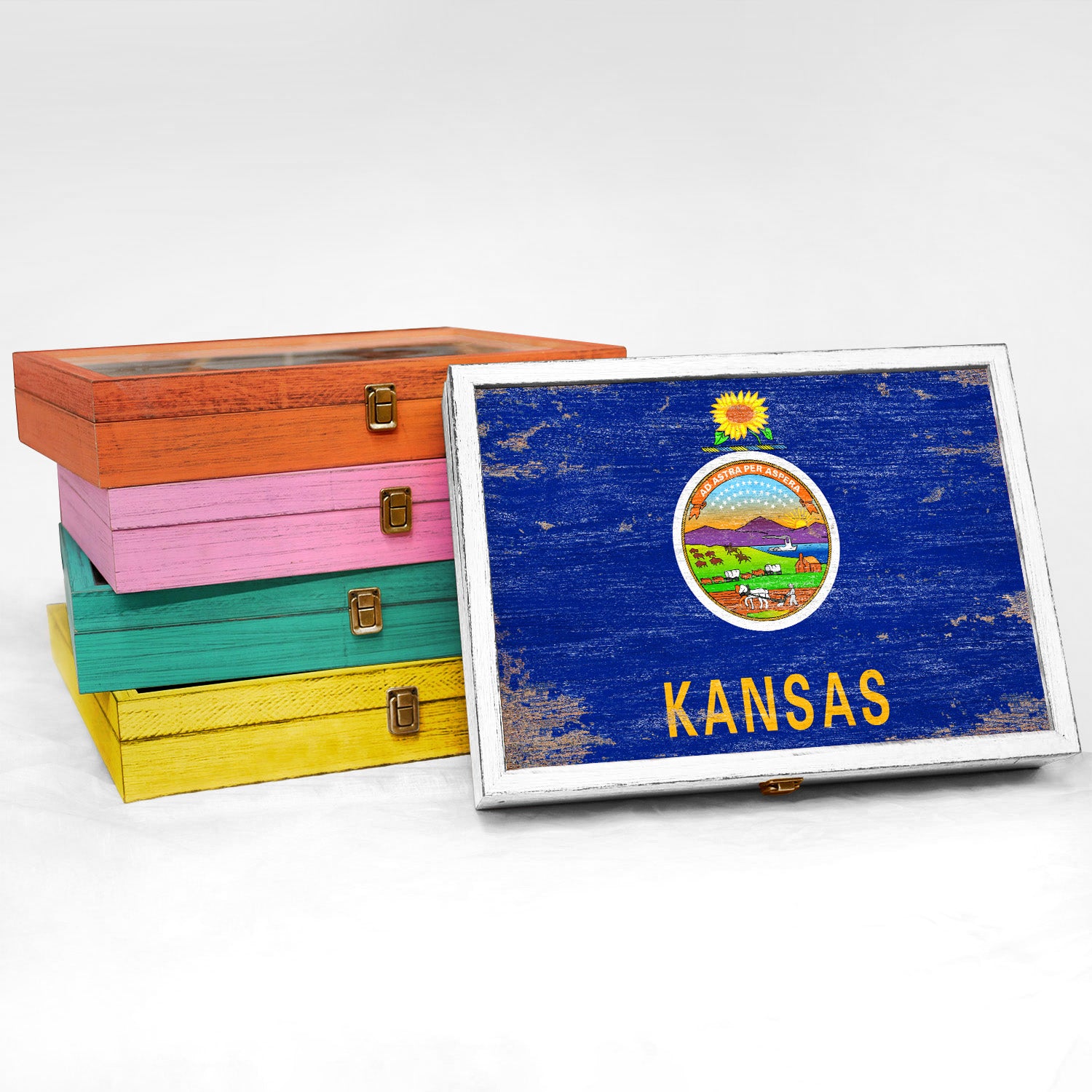 Kansas State Wood Flag Frame Keepsake Box