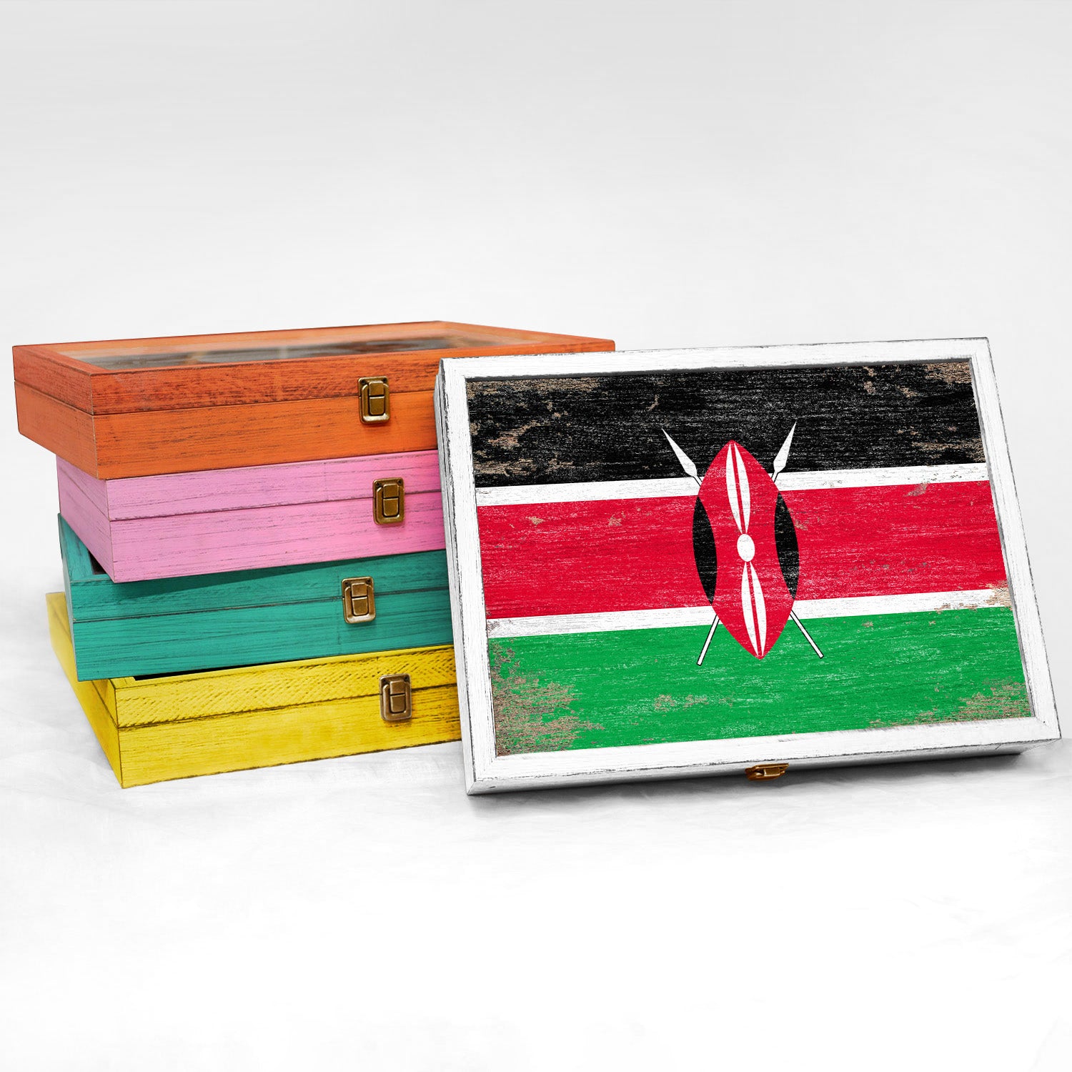 Kenya Wood Flag Frame Keepsake Box