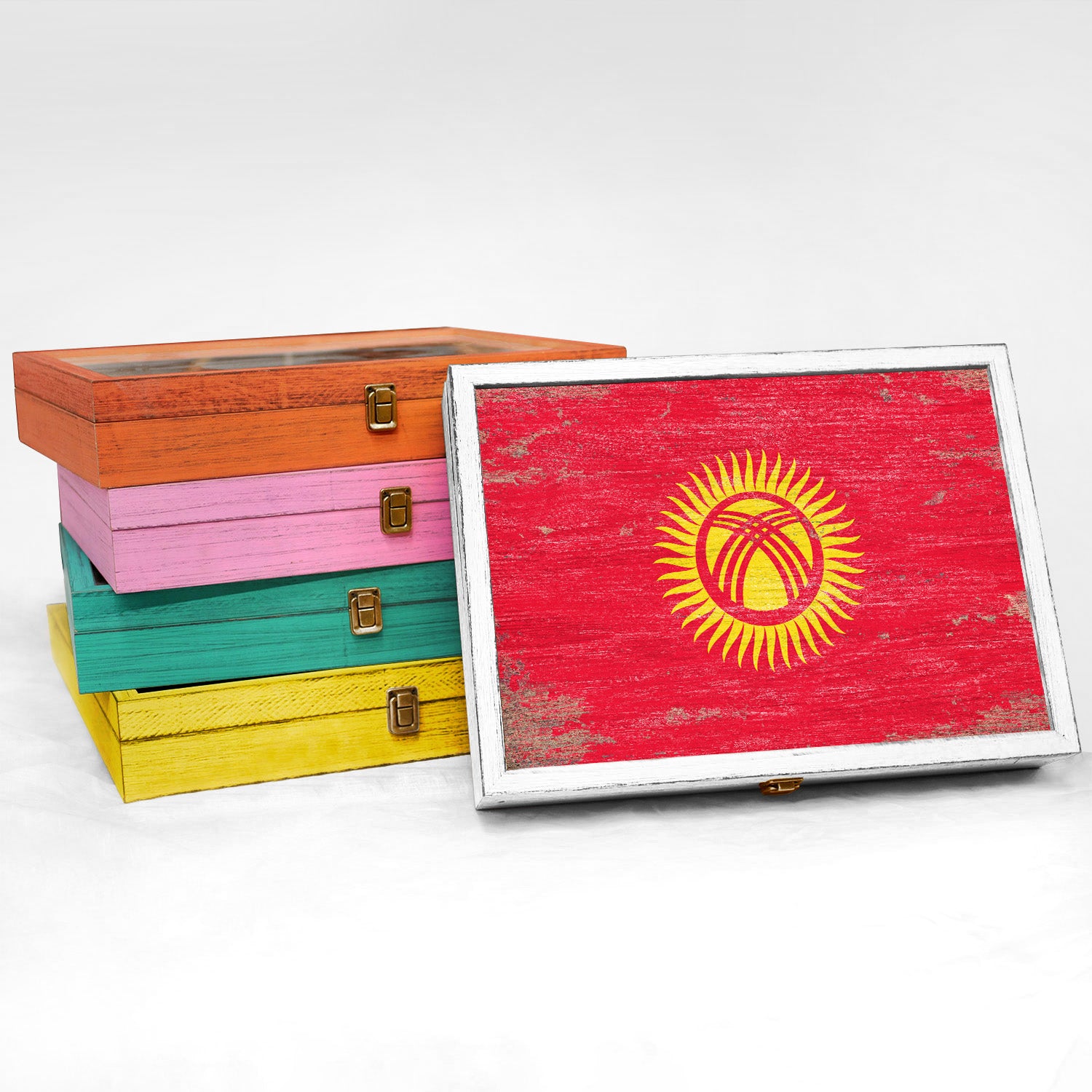 Kyrgyzstan Wood Flag Frame Keepsake Box