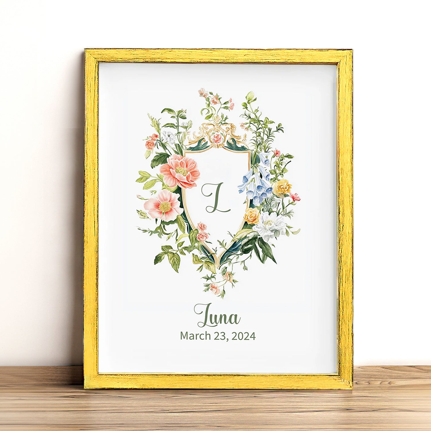 Floral Initial Letter with Custom Name Sign Framed Wall Art