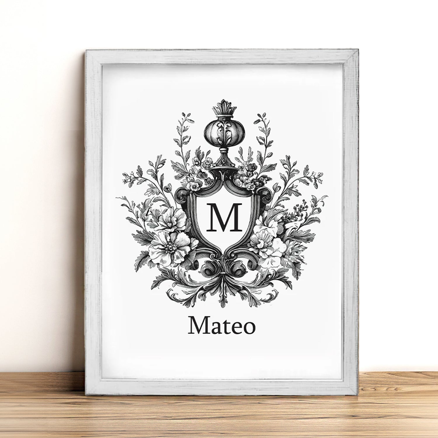 Floral Initial Letter with Custom Name Sign Framed Wall Art