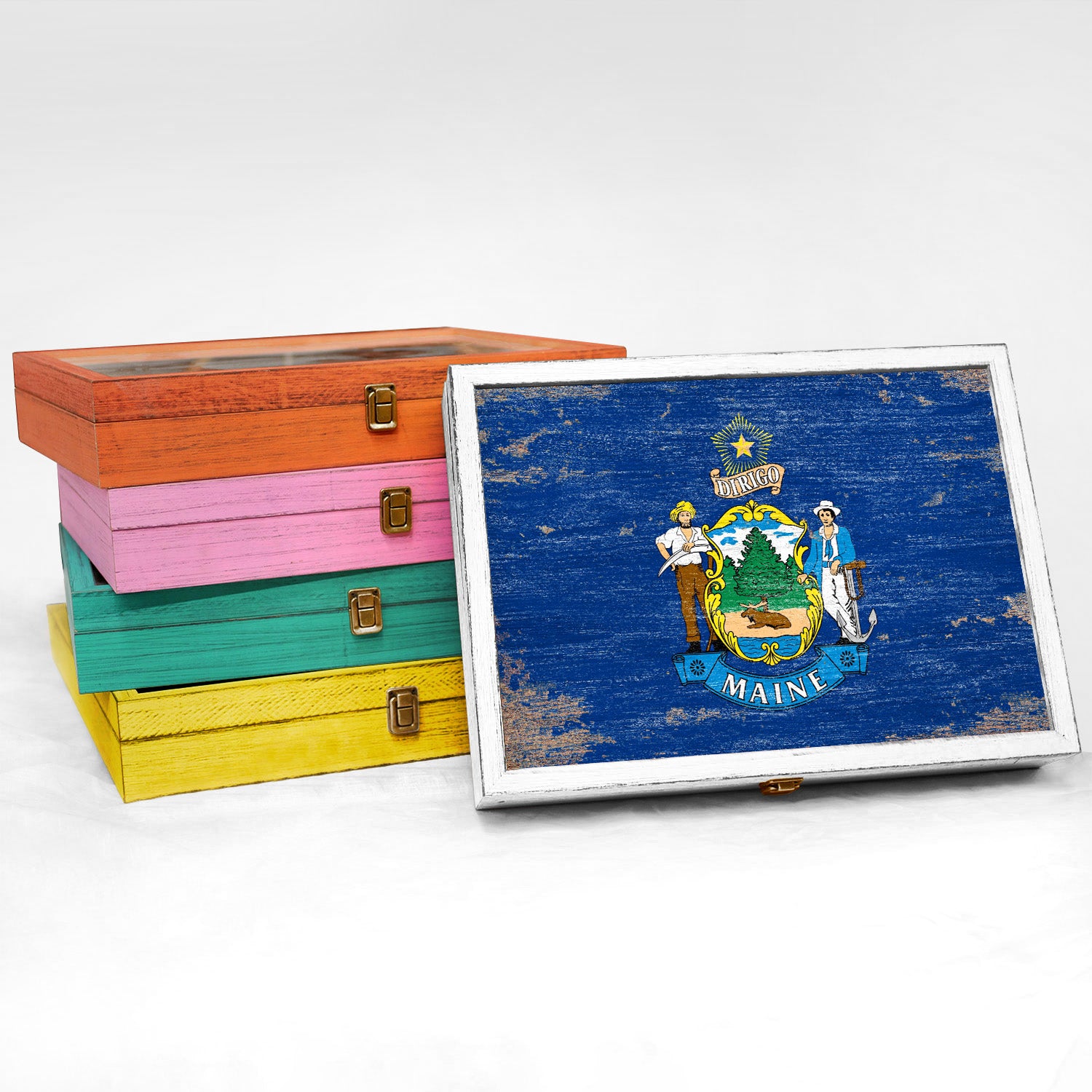 Maine State Wood Flag Frame Keepsake Box