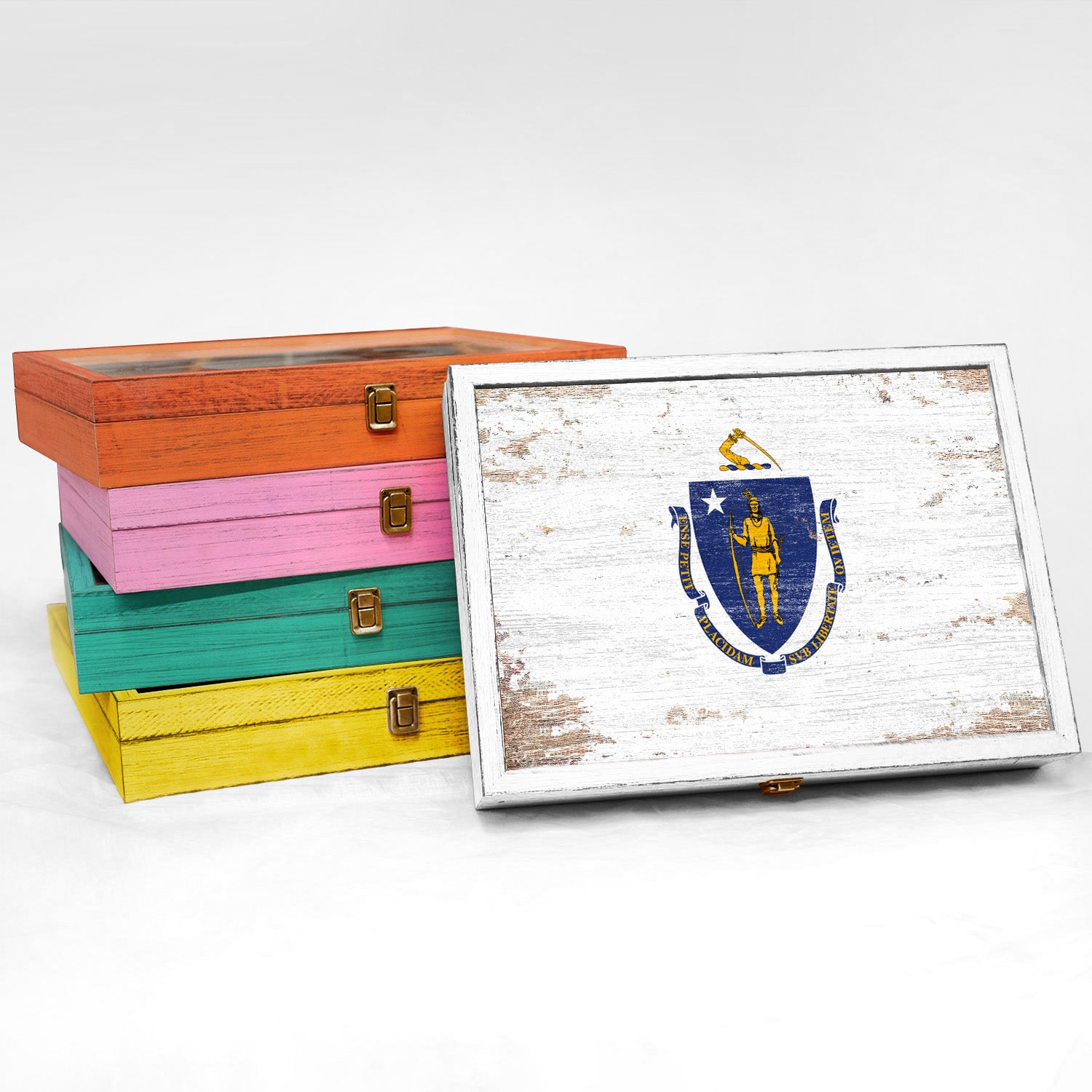 Massachusetts State Wood Flag Frame Keepsake Box