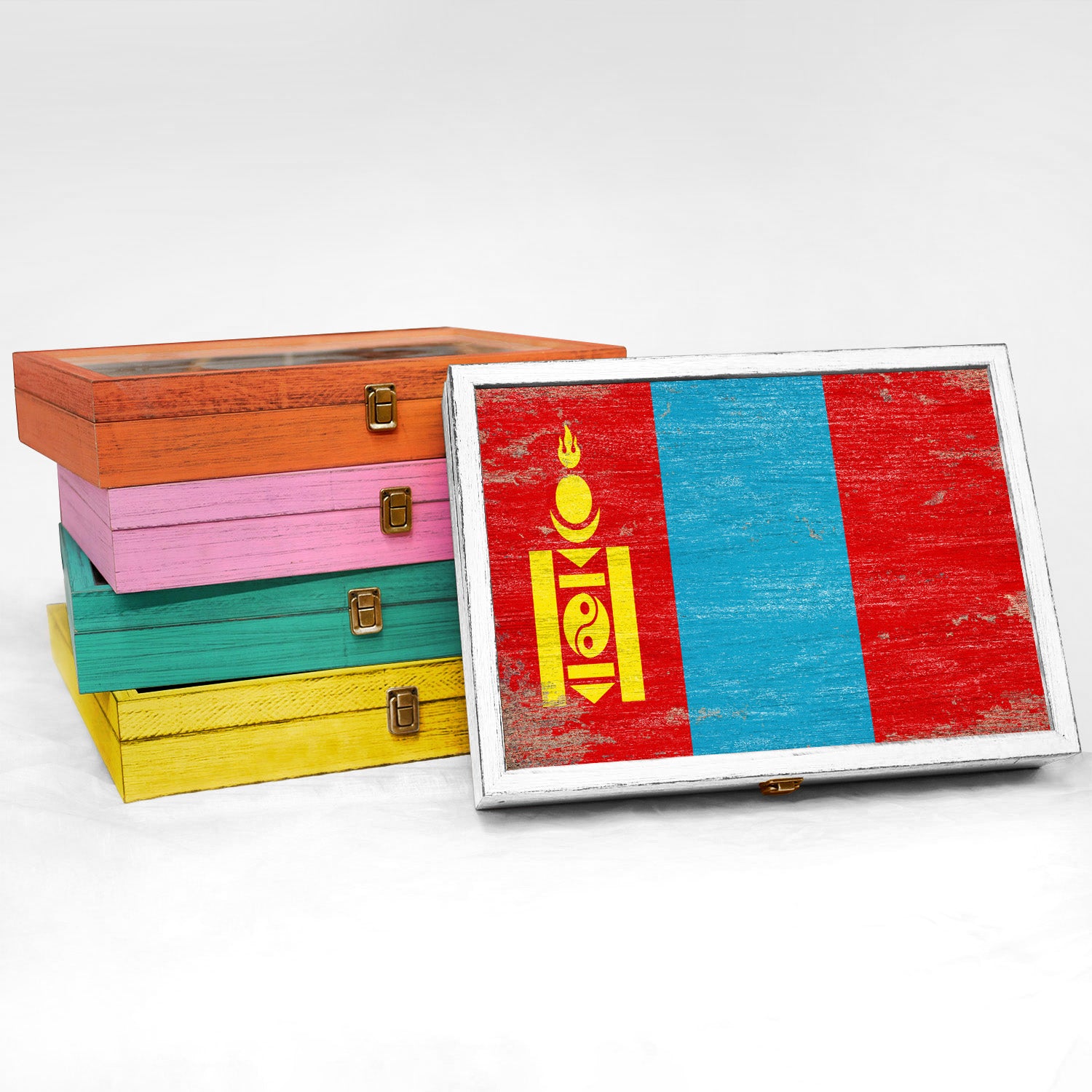 Mongolia Wood Flag Keepsake Box