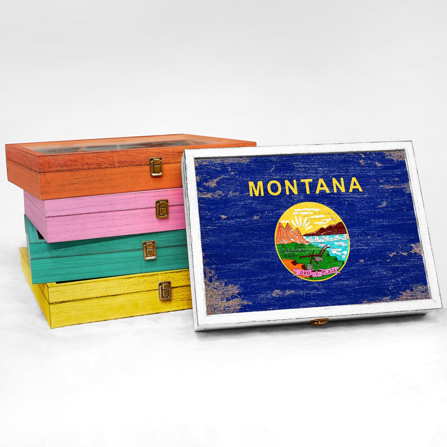 Montana State Wood Flag Frame Keepsake Box