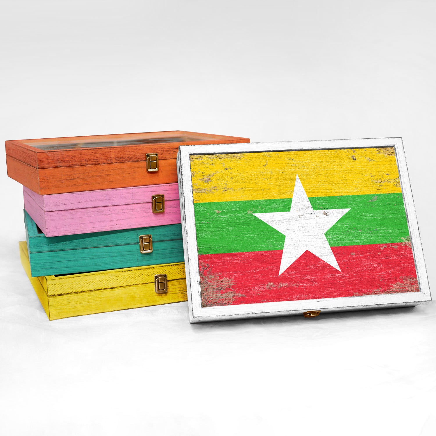 Myanmar Wood Flag Keepsake Box