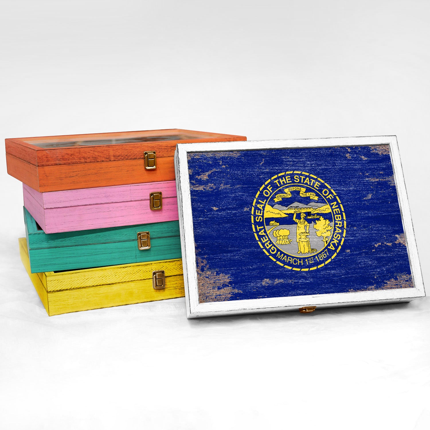 Nebraska State Wood Flag Frame Keepsake Box