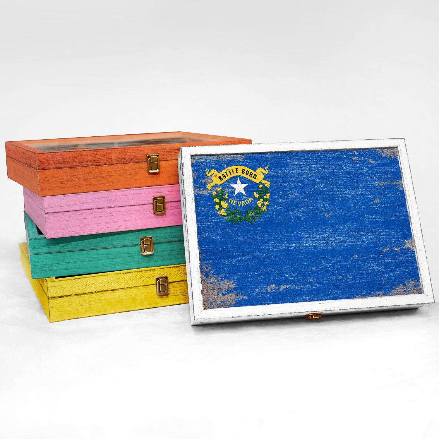 Nevada State Wood Flag Frame Keepsake Box