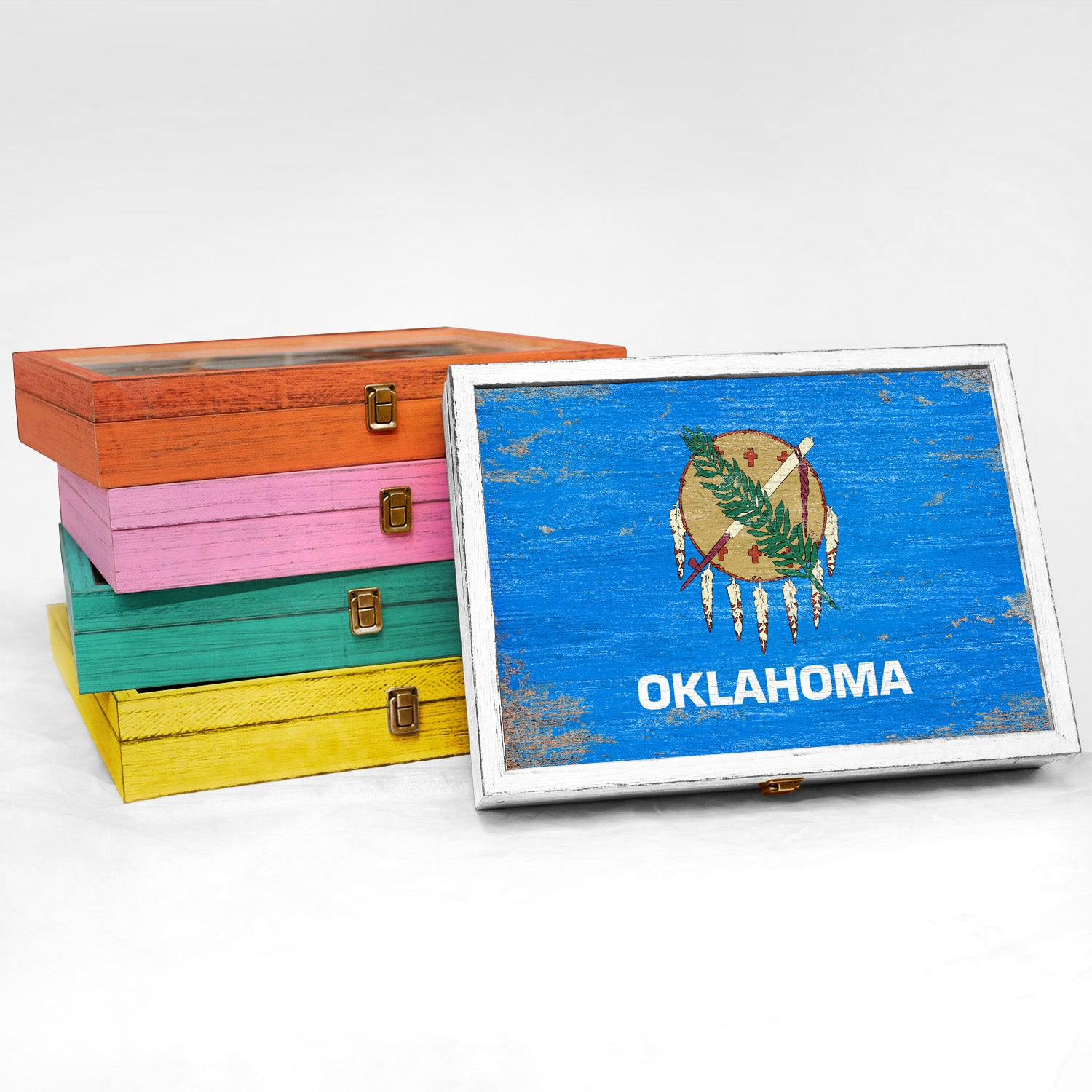 Oklahoma State Wood Flag Frame Keepsake Box