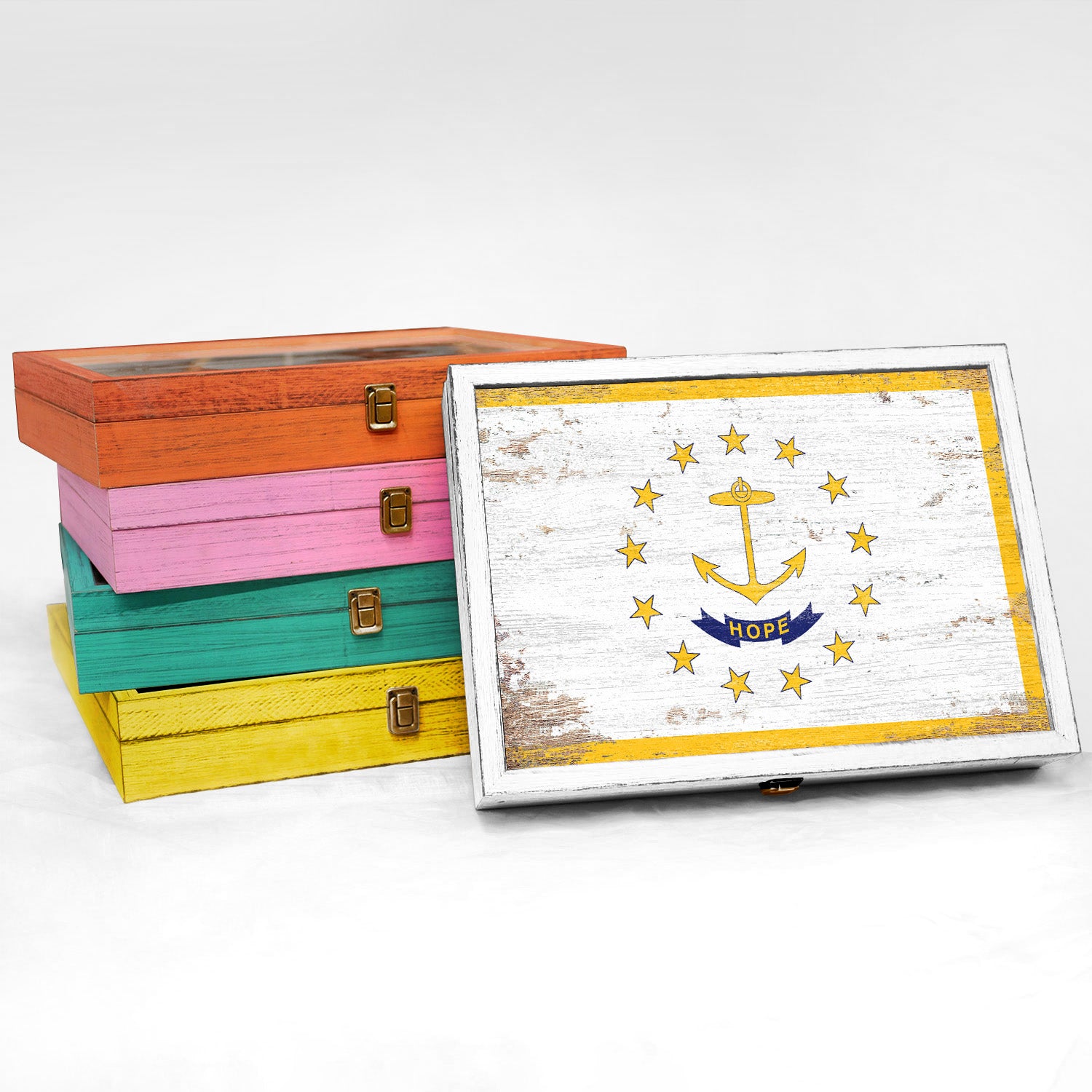 Rhode Island State Wood Flag Frame Keepsake Box