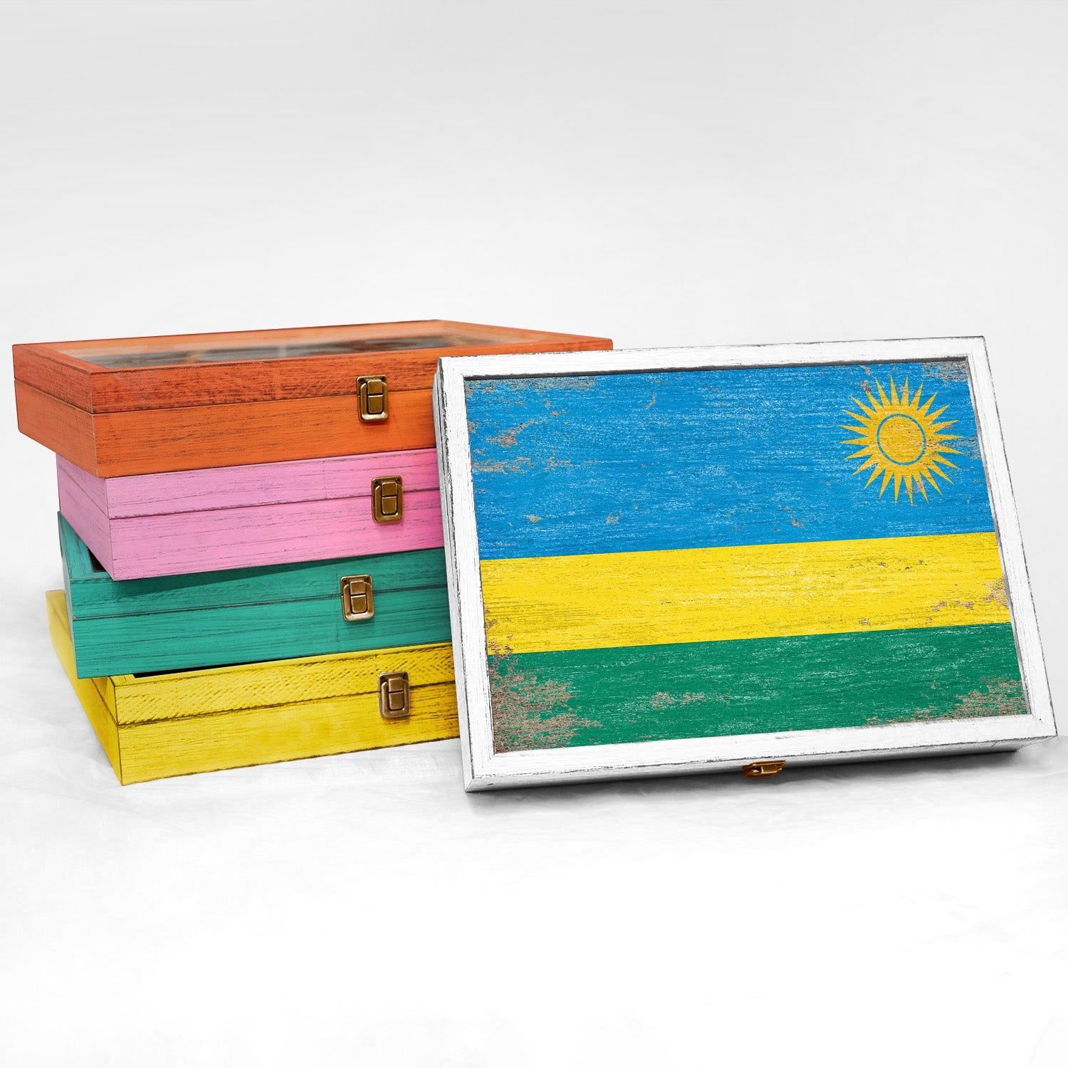 Rwanda Wood Flag Frame Keepsake Box