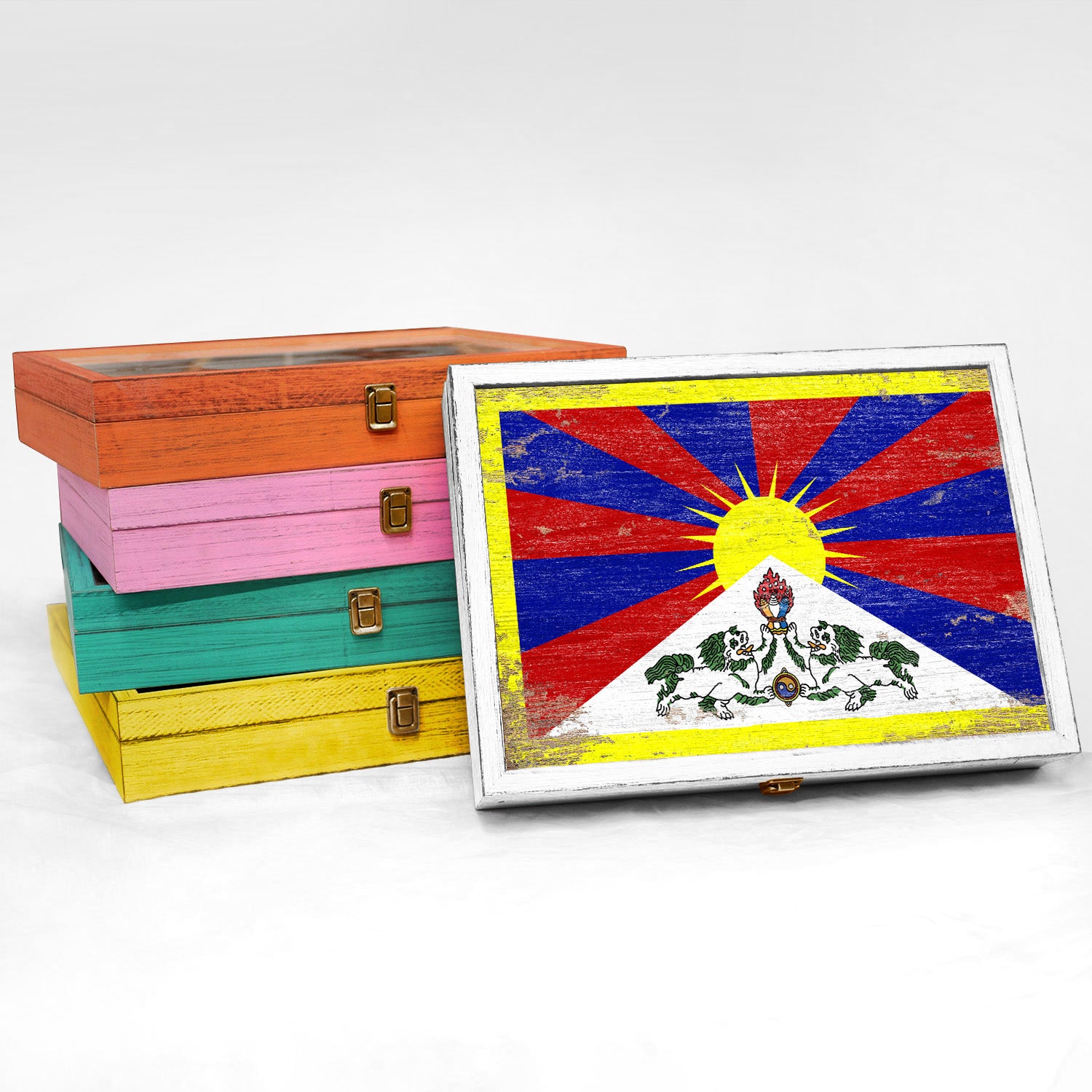 Tibet Wood Flag Frame Keepsake Box