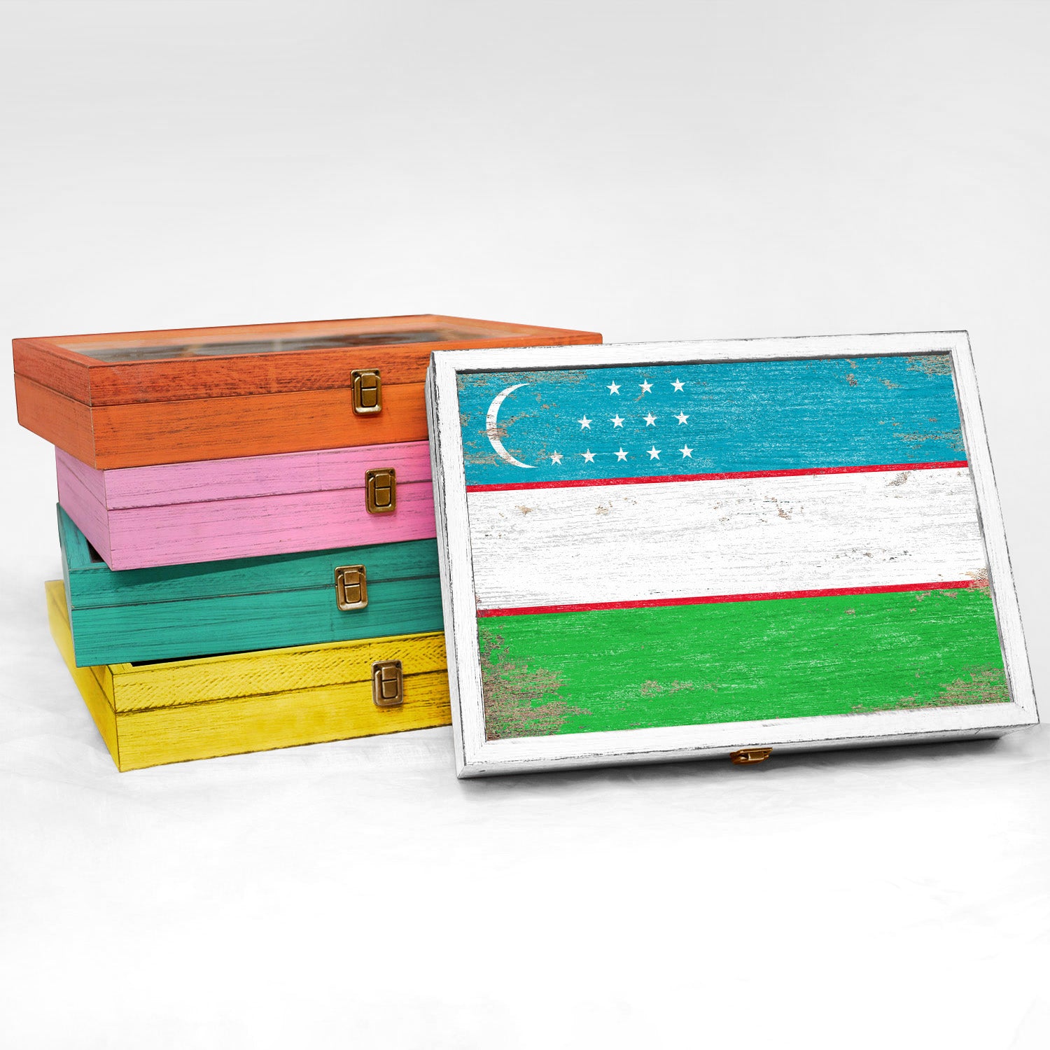 Uzbekistan Wood Flag Frame Keepsake Box