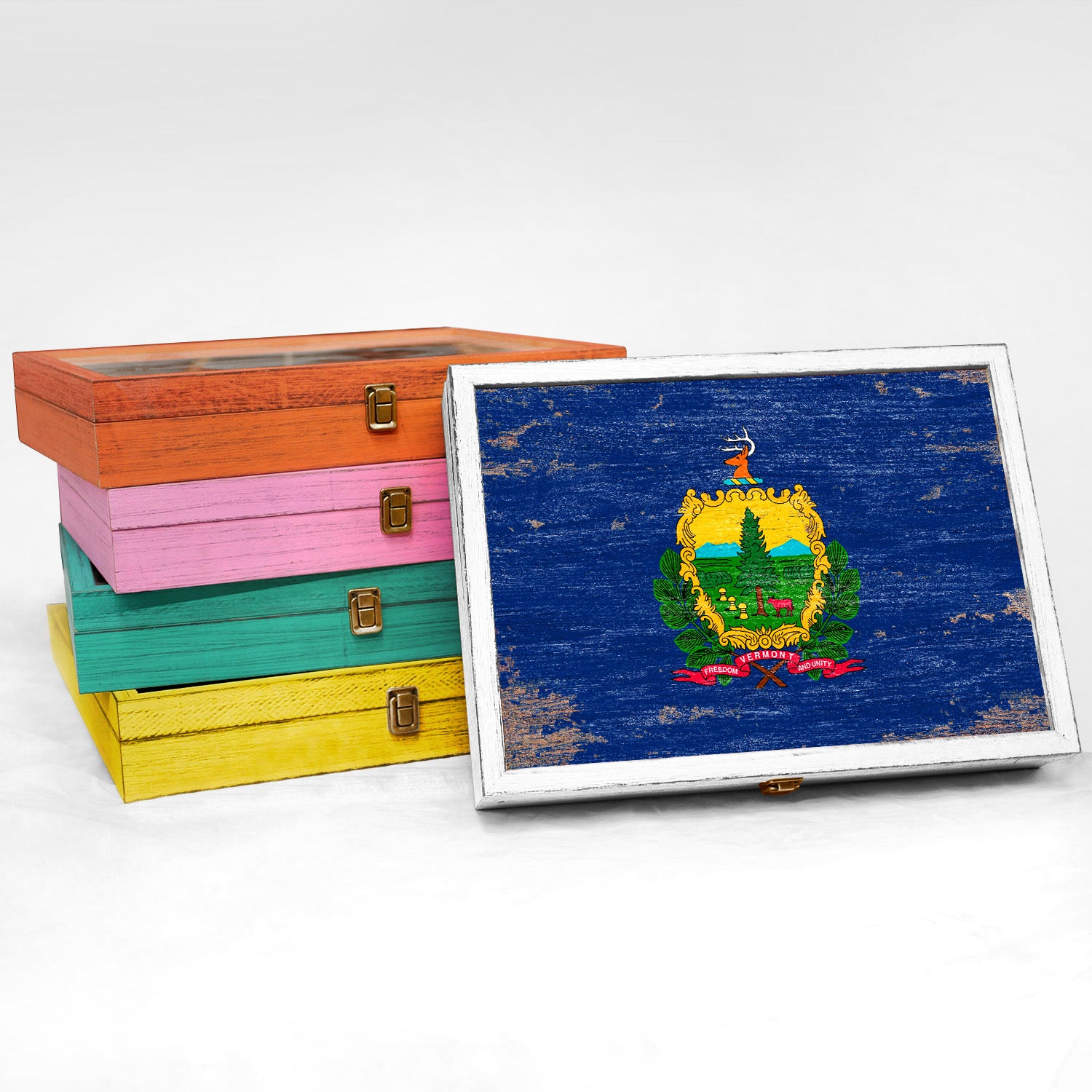 Vermont State Wood Flag Frame Keepsake Box