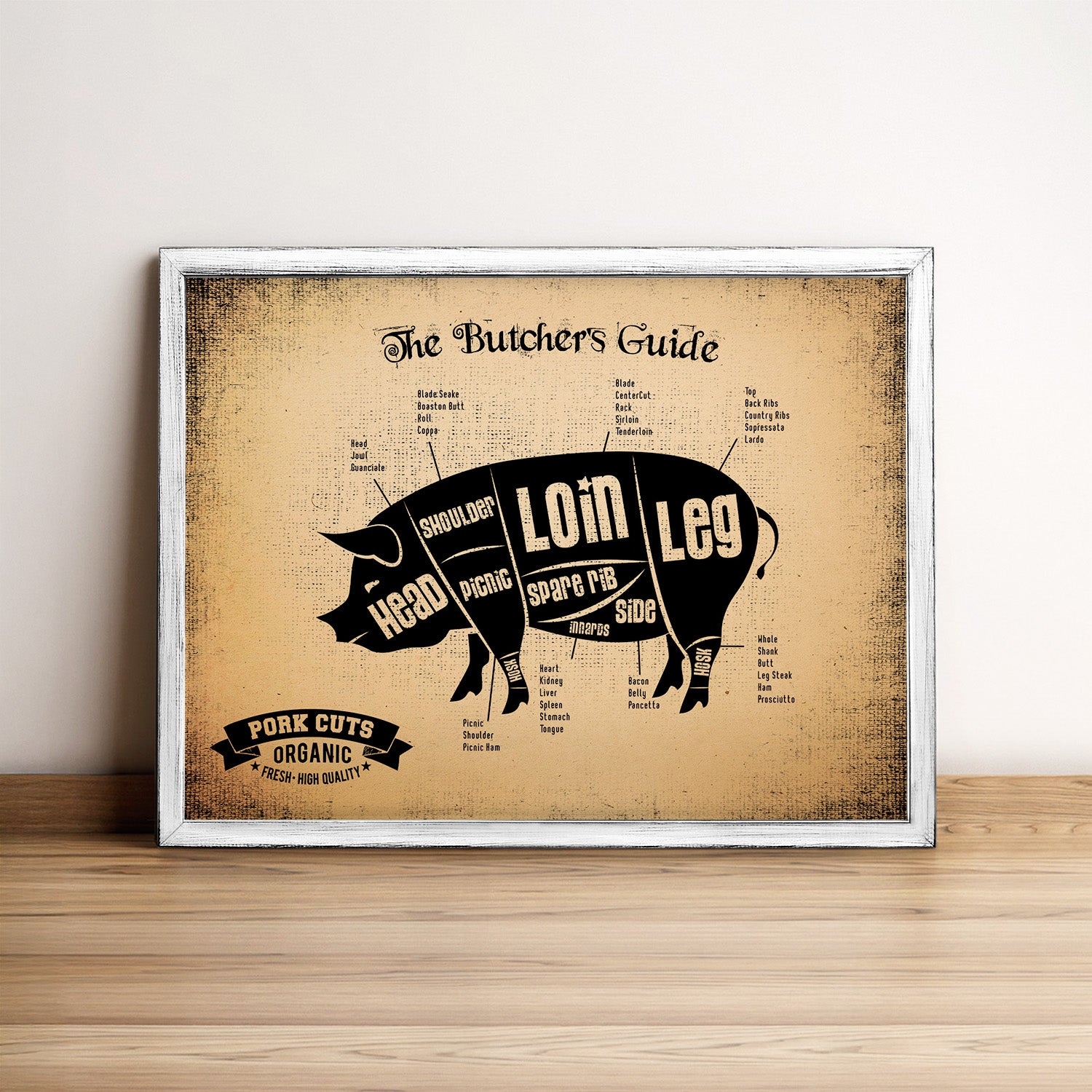 Pork Cuts Butcher Guide Wood Sign Framed Wall Art