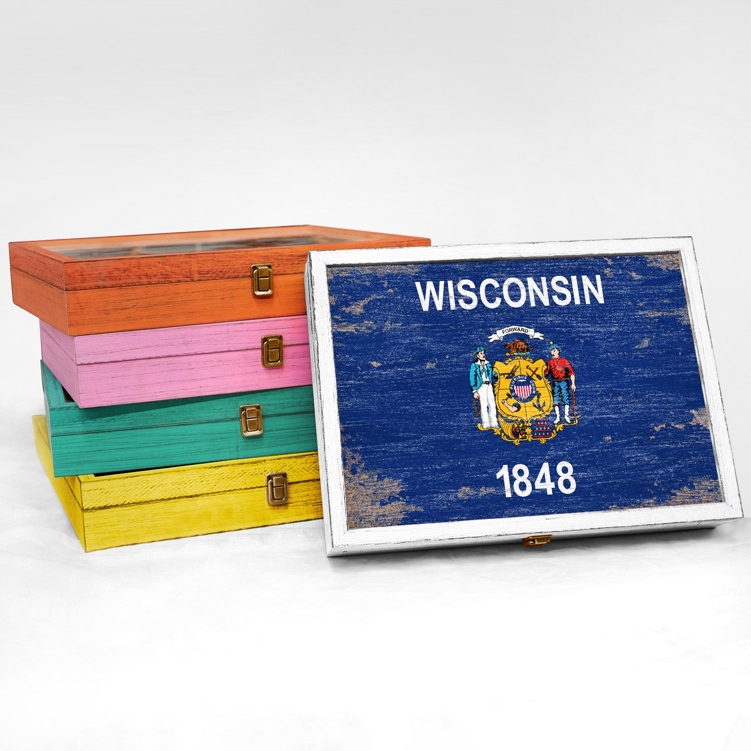 Wisconsin State Wood Flag Frame Keepsake Box