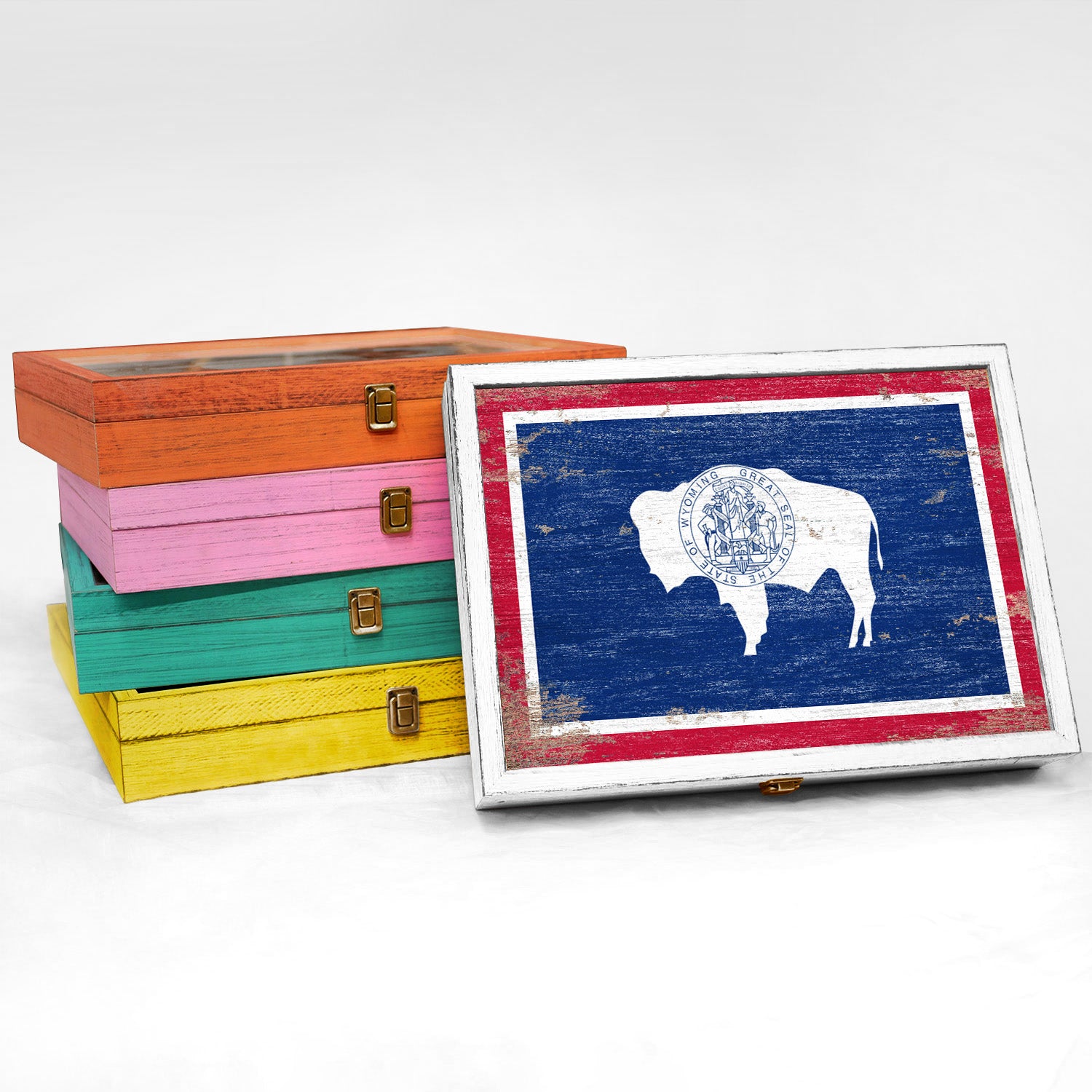 Wyoming State Wood Flag Frame Keepsake Box