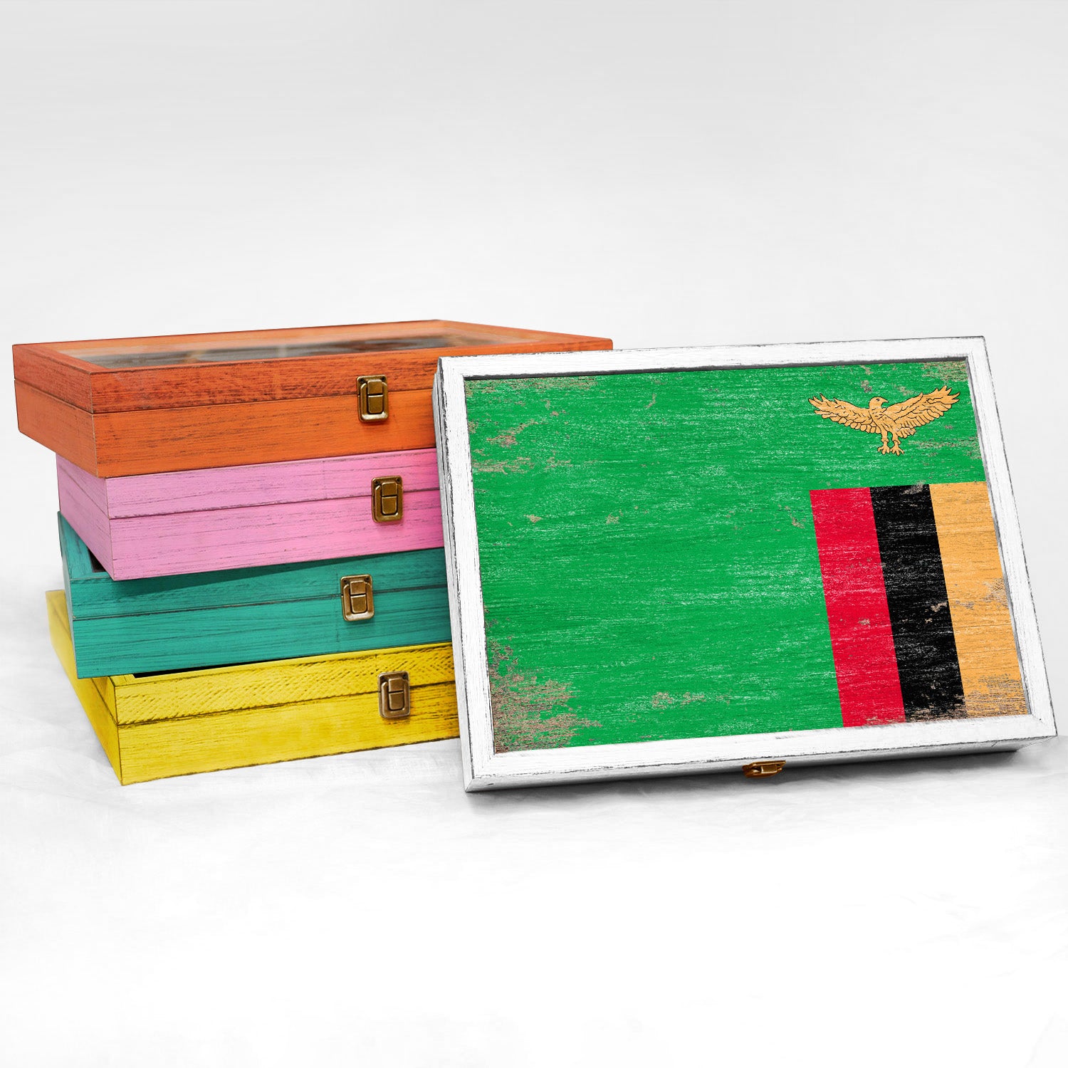 Zambia Wood Flag Frame Keepsake Box