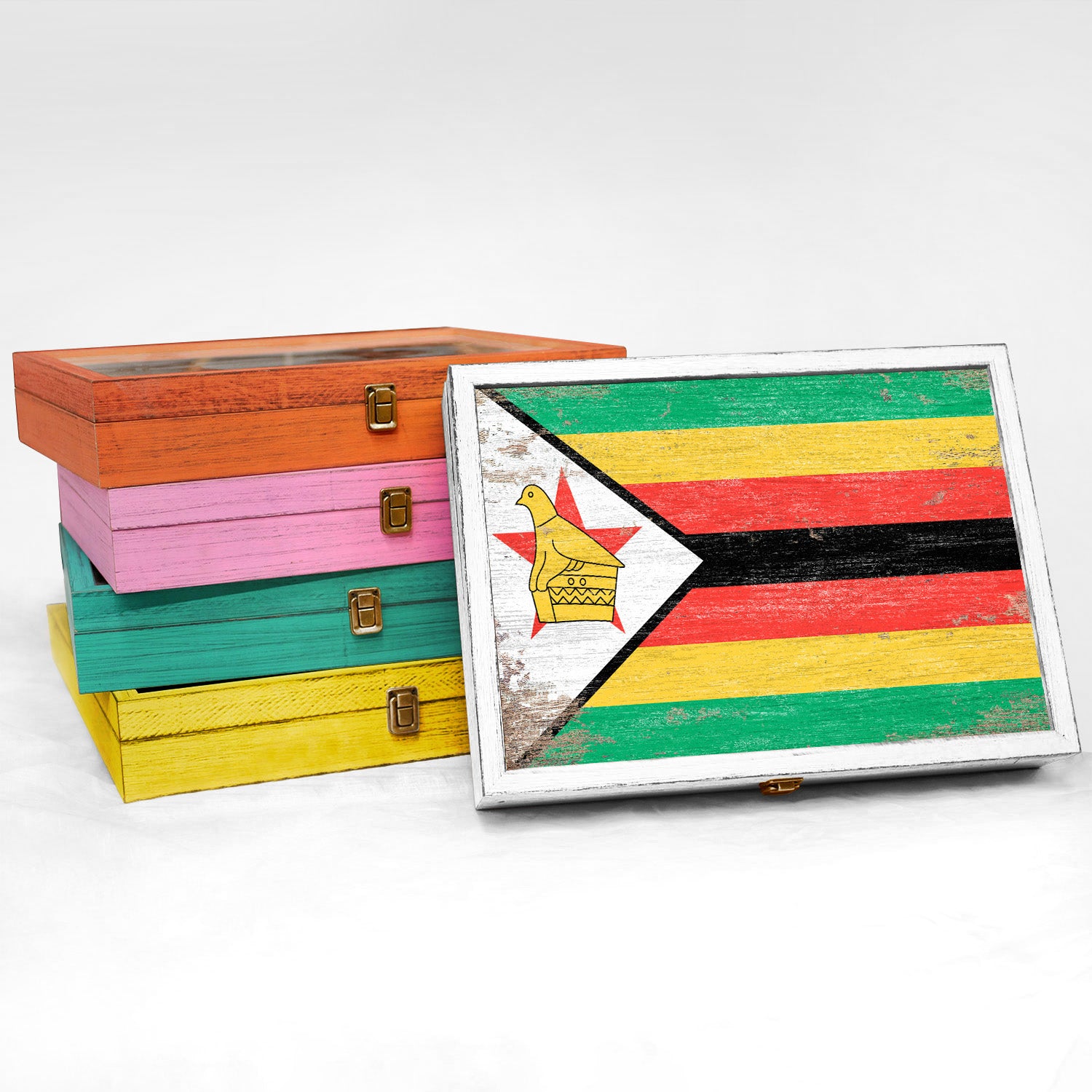 Zimbabwe Wood Flag Frame Keepsake Box