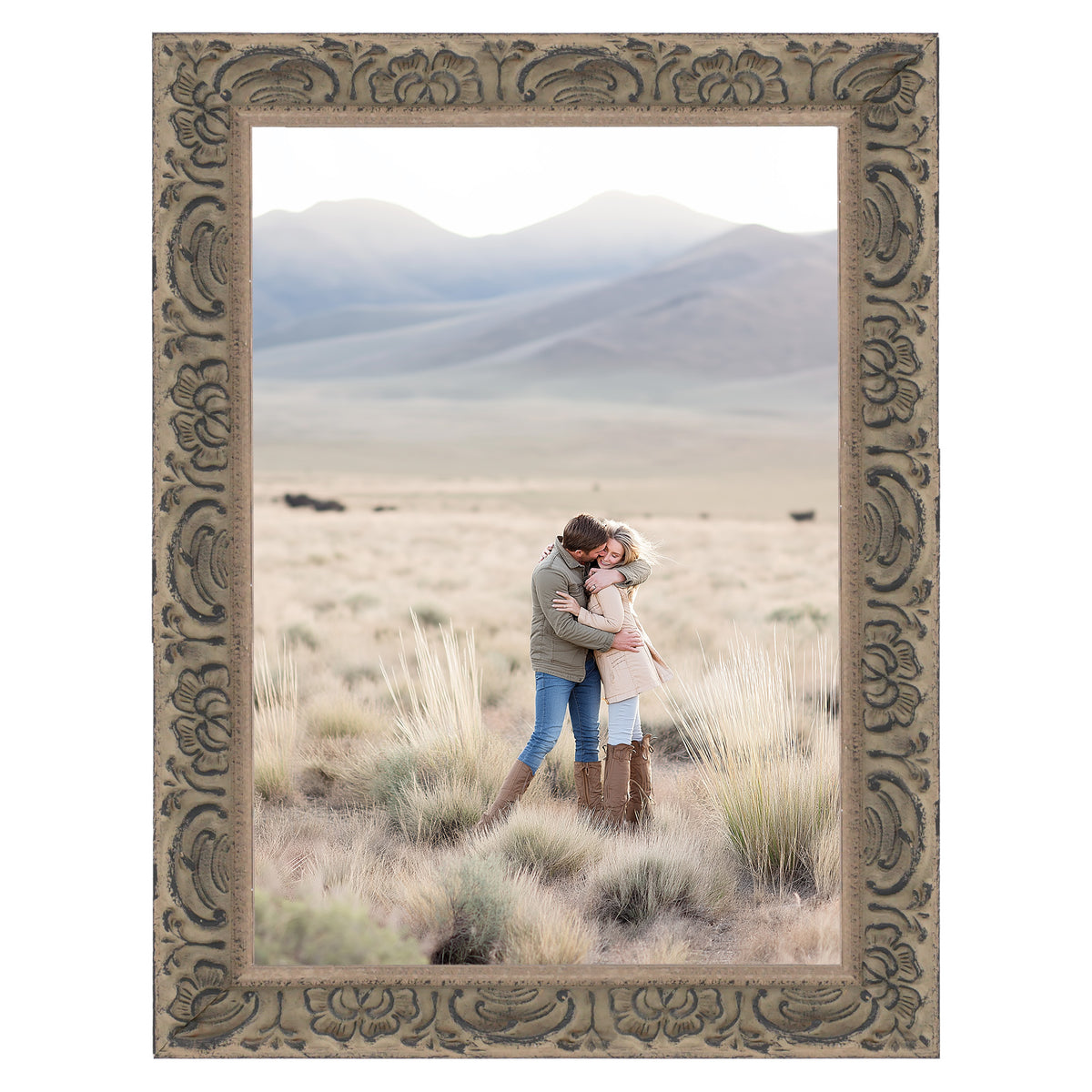 Gray Floral Leaf Ornate Wood Picture Frame