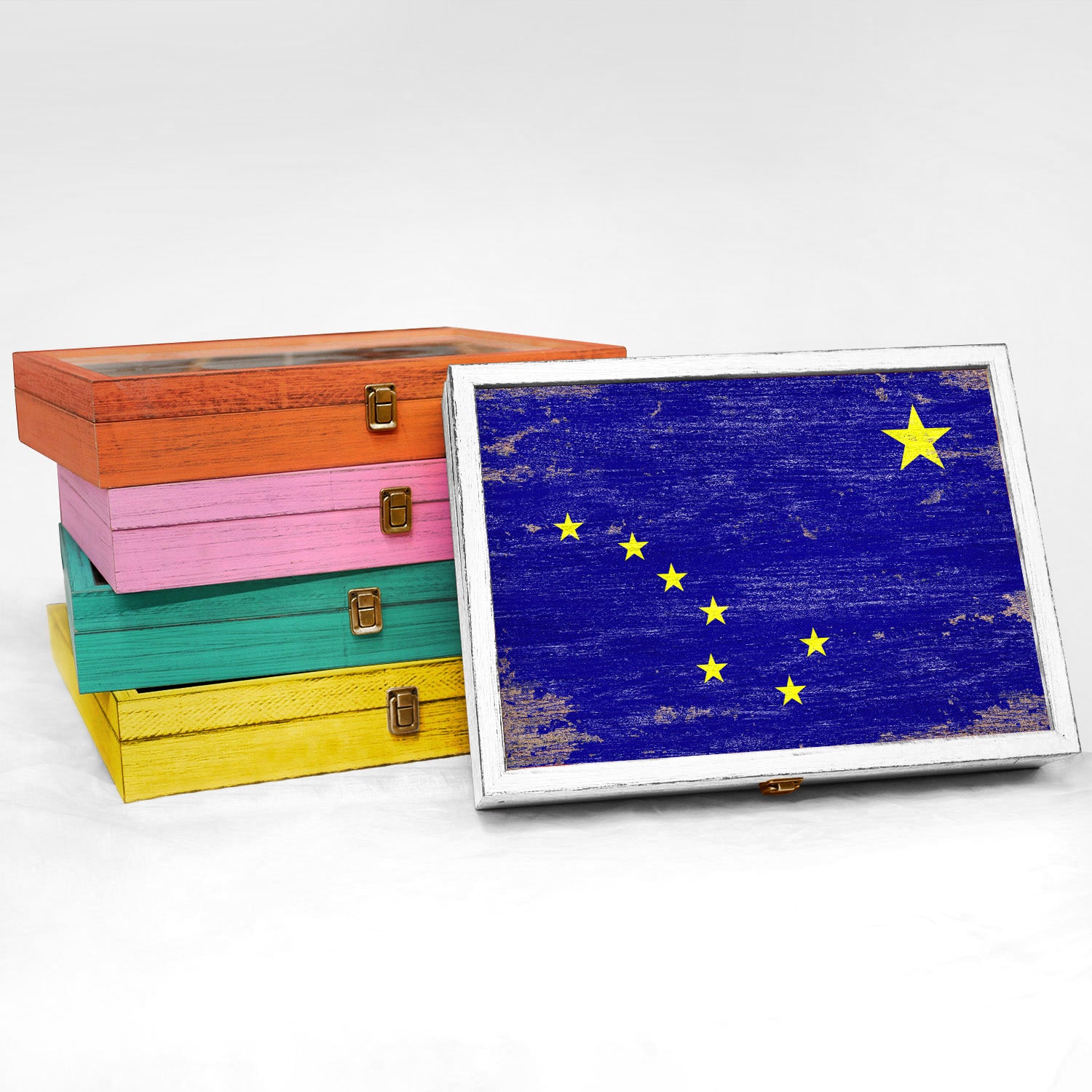 Alaska State Wood Flag Frame Keepsake Box